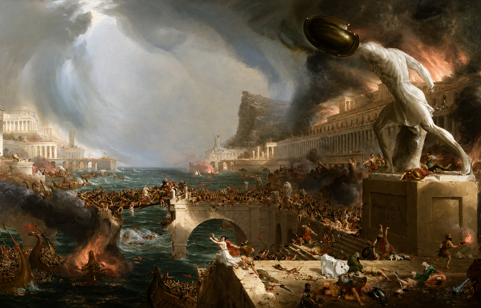A chaotic battle scene with destruction and figures in ancient Greek or Roman attire, depicting a mythological or historical event.