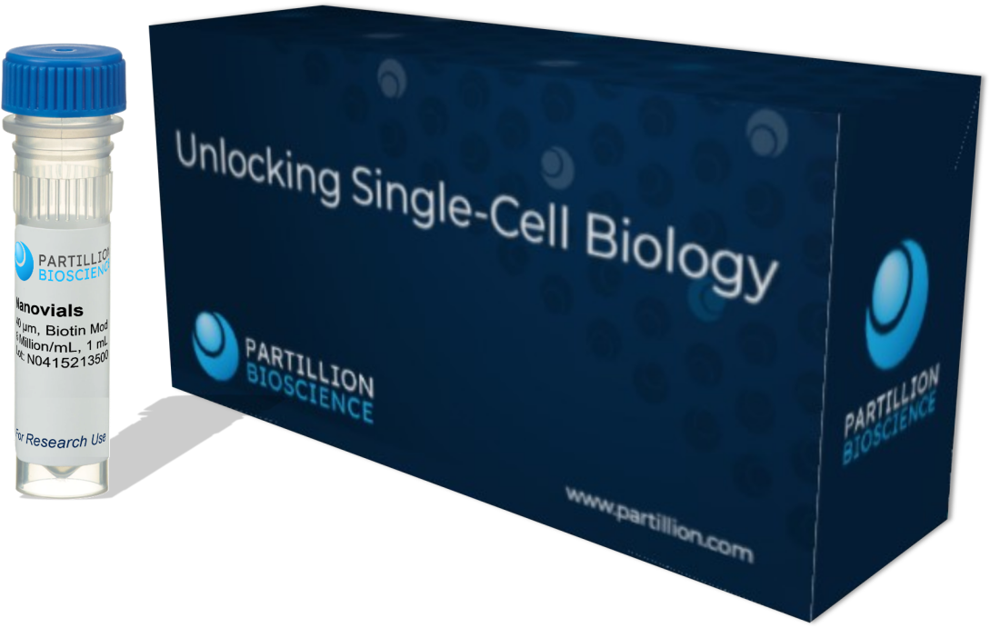 A test tube labeled 'Nanovials' and a box with the text 'Unlocking Single-Cell Biology' and the Partillion Biosciences logo.