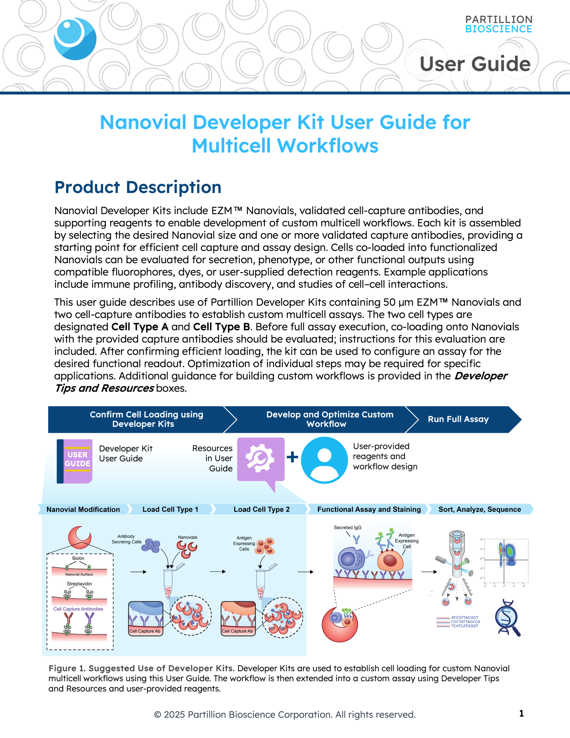 Page from a user guide titled 'Nanoval Developer Kit User Guide for Multicell Workflows' with diagrams and flowcharts illustrating cell loading and assay procedures, including use of developer kits with nanovials, cell capture antibodies, and reagents.