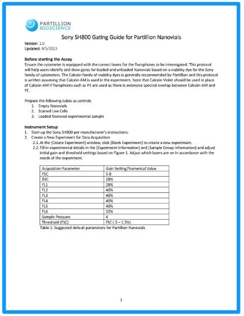 SONY SH800 Gating Guide for Partillion Nanovials (V1.0)