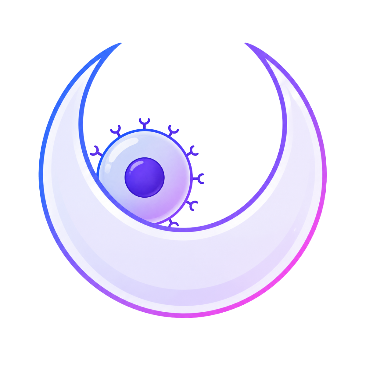 Digital illustration of a crescent moon with an eye and a brain inside it, with a glowing effect.
