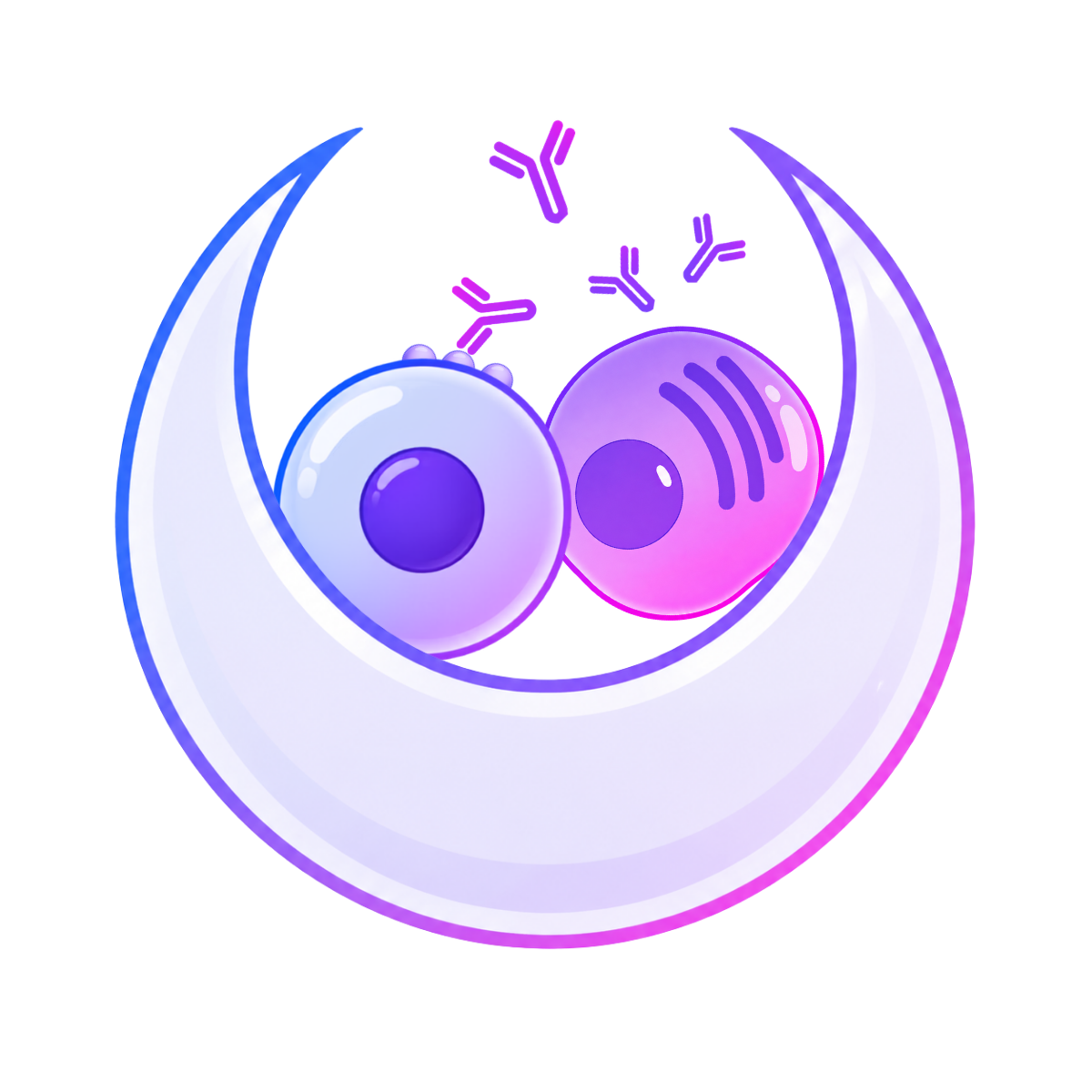 Abstract digital illustration featuring large glossy white and purple sphere-like objects with dark centers, inside a crescent-shaped frame with colorful 3D geometric shapes and lines.