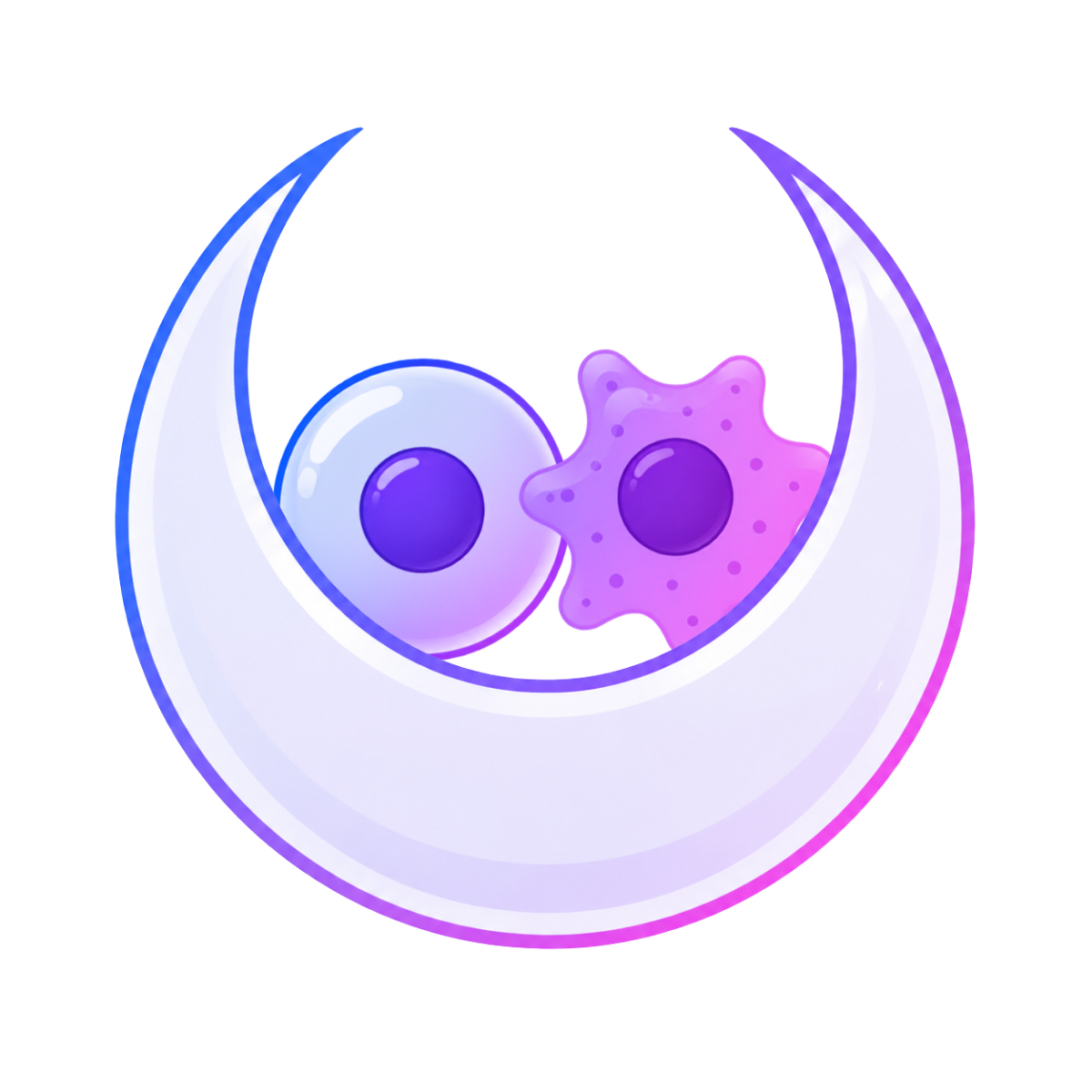 Stylized digital illustration of a capsule with two pills inside, one white with purple accents and one purple with darker purple spots, depicted in a colorful, modern art style.