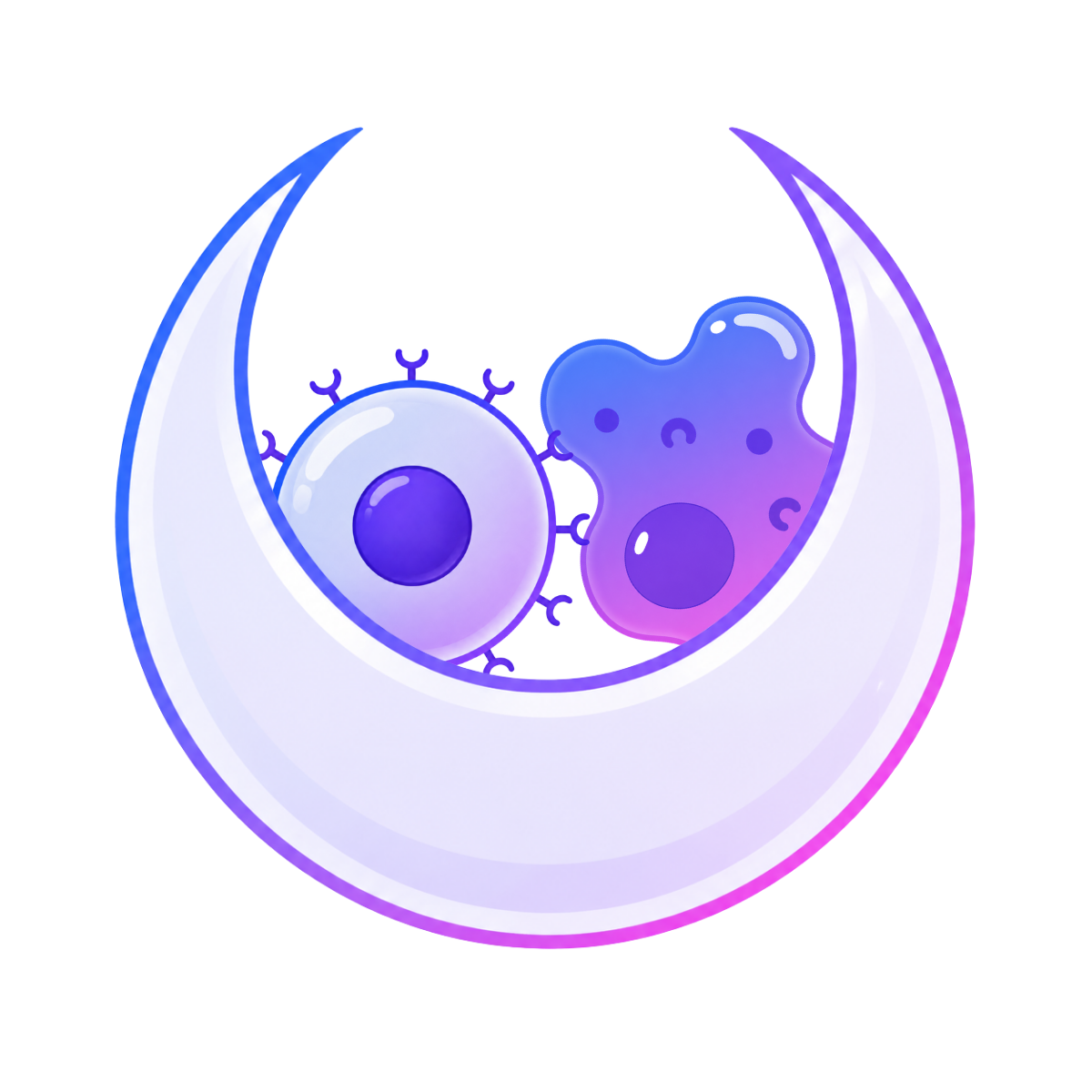 Illustration of a nightlight with a crescent moon shape, featuring a blue and purple color scheme and cartoonish bacteria or germ characters inside.