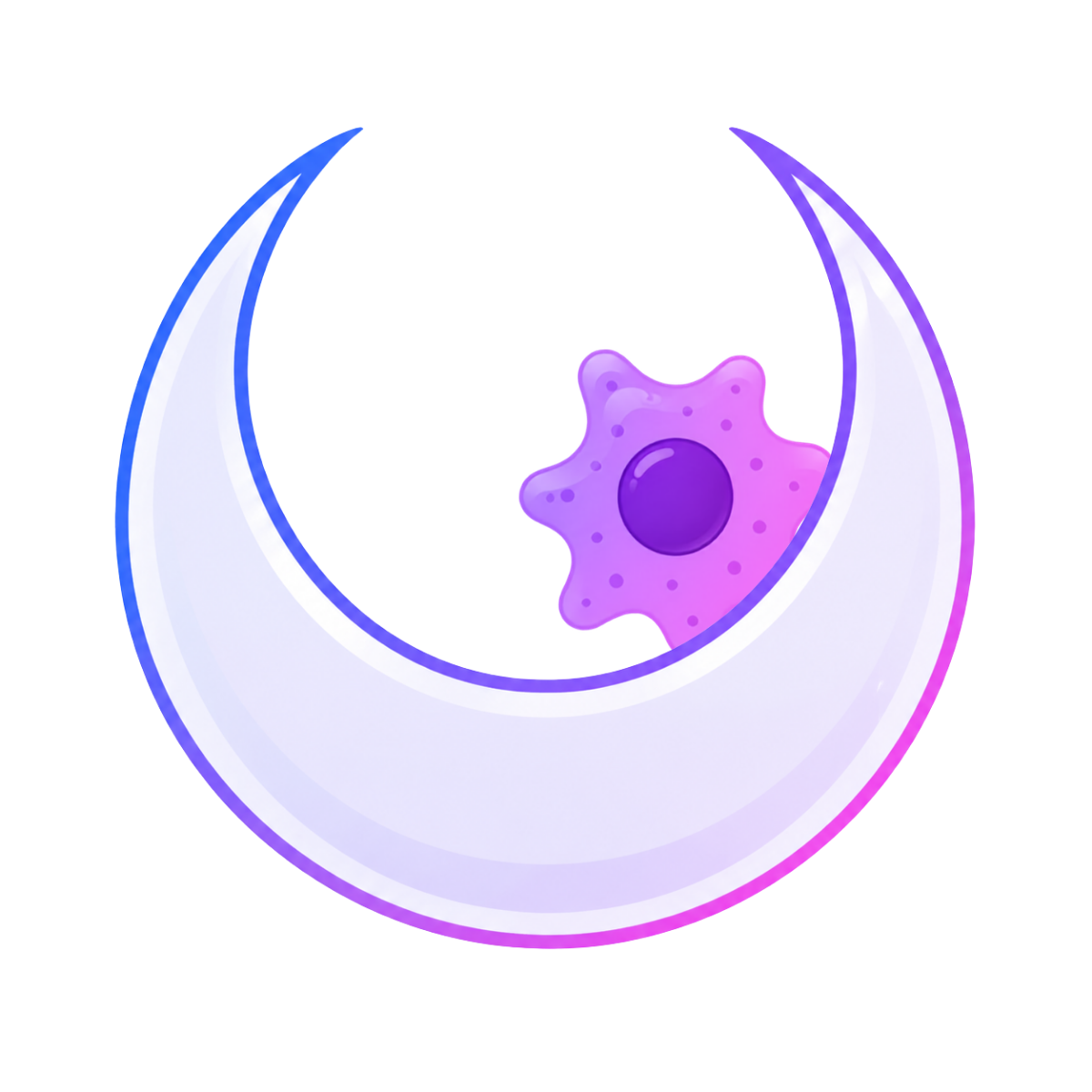 Illustration of a white crescent moon with a purple star-shaped object inside, set against a colorful square background.