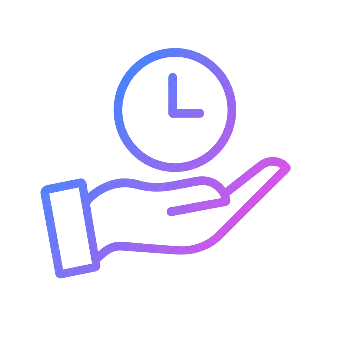 A neon outline illustration of a hand holding a clock.