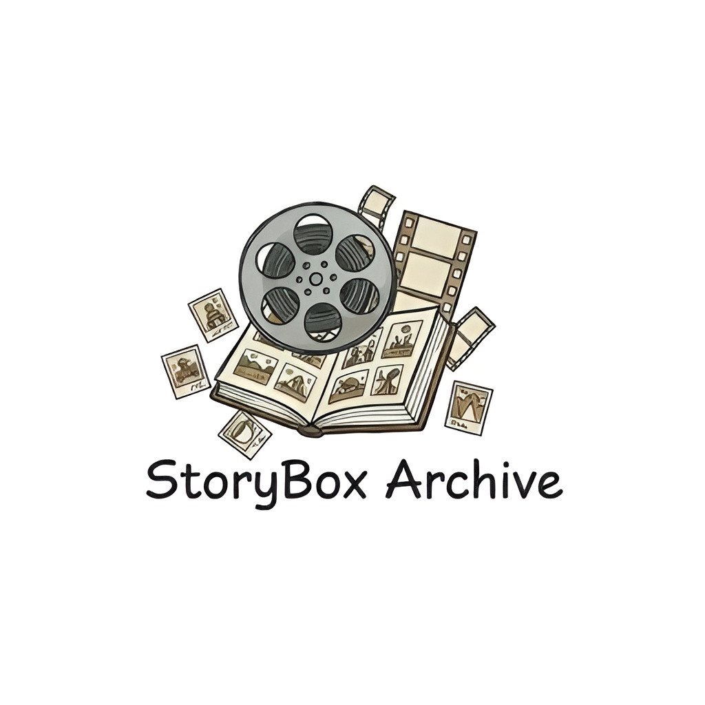 A logo for StoryBox Archive featuring an open photo album with black and white photos, a film reel, and scattered photos underneath, with the text "StoryBox Archive" written below.