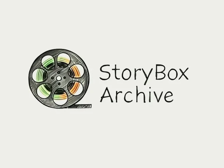 Illustration of a film reel with multicolored tape next to the text 'StoryBox Archive'.