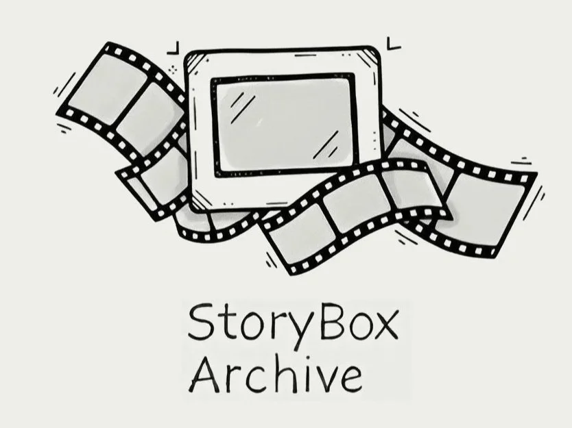 Hand-drawn illustration of a vintage camera and film strip with the text "StoryBox Archive" underneath.
