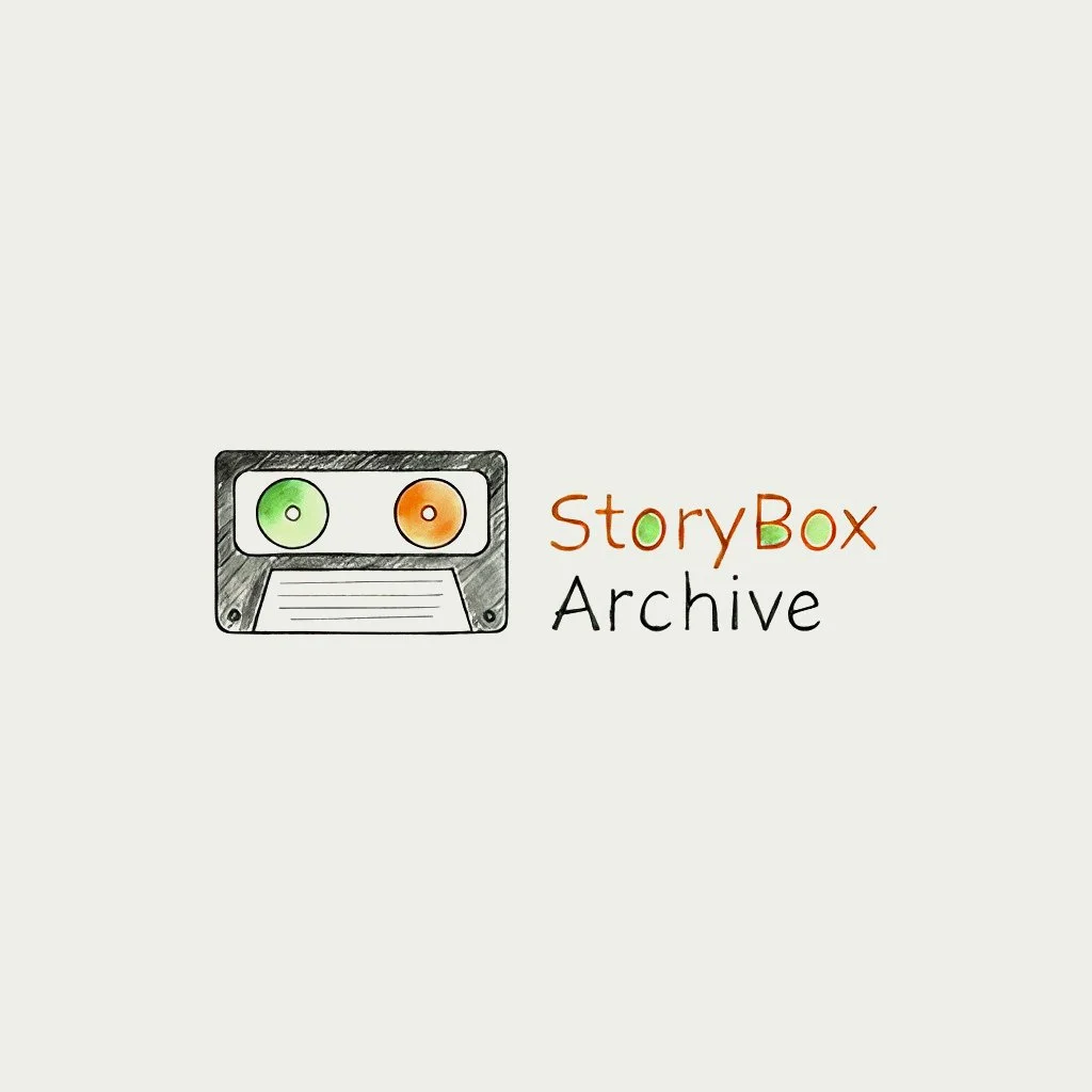 A drawing of a cassette tape with green and orange reels next to the text 'StoryBox Archive'.
