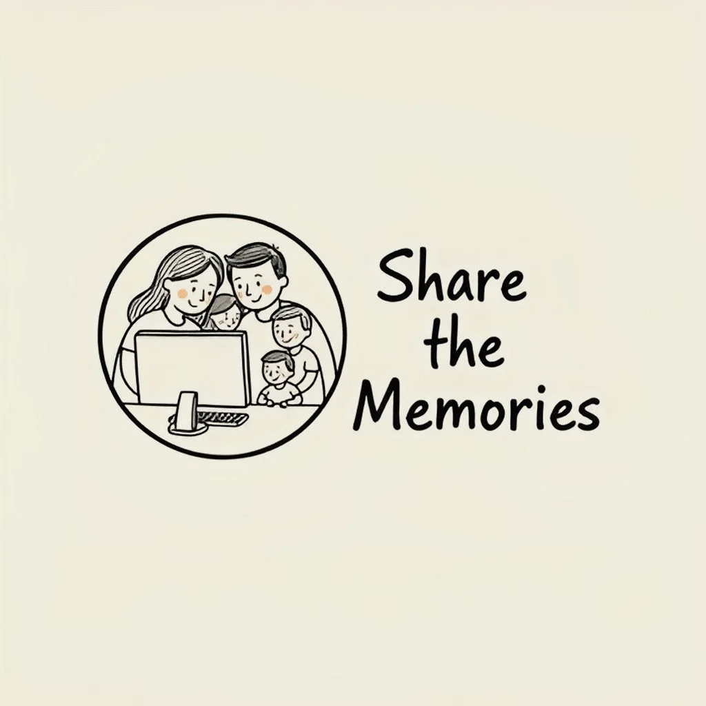 Illustration of a family looking at a computer, with the text 'Share the Memories' to the right.