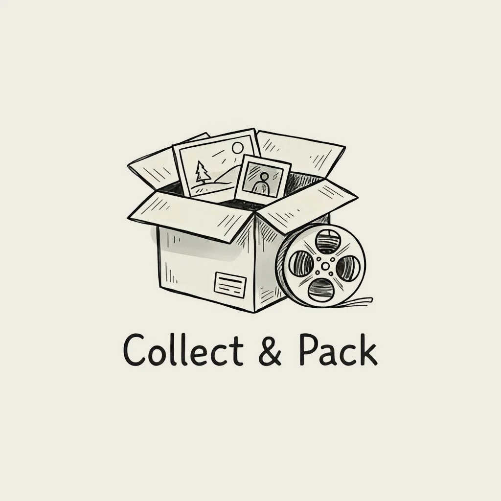 A sketch of a cardboard box filled with photographs and a film reel, with the words "Collect & Pack" underneath.