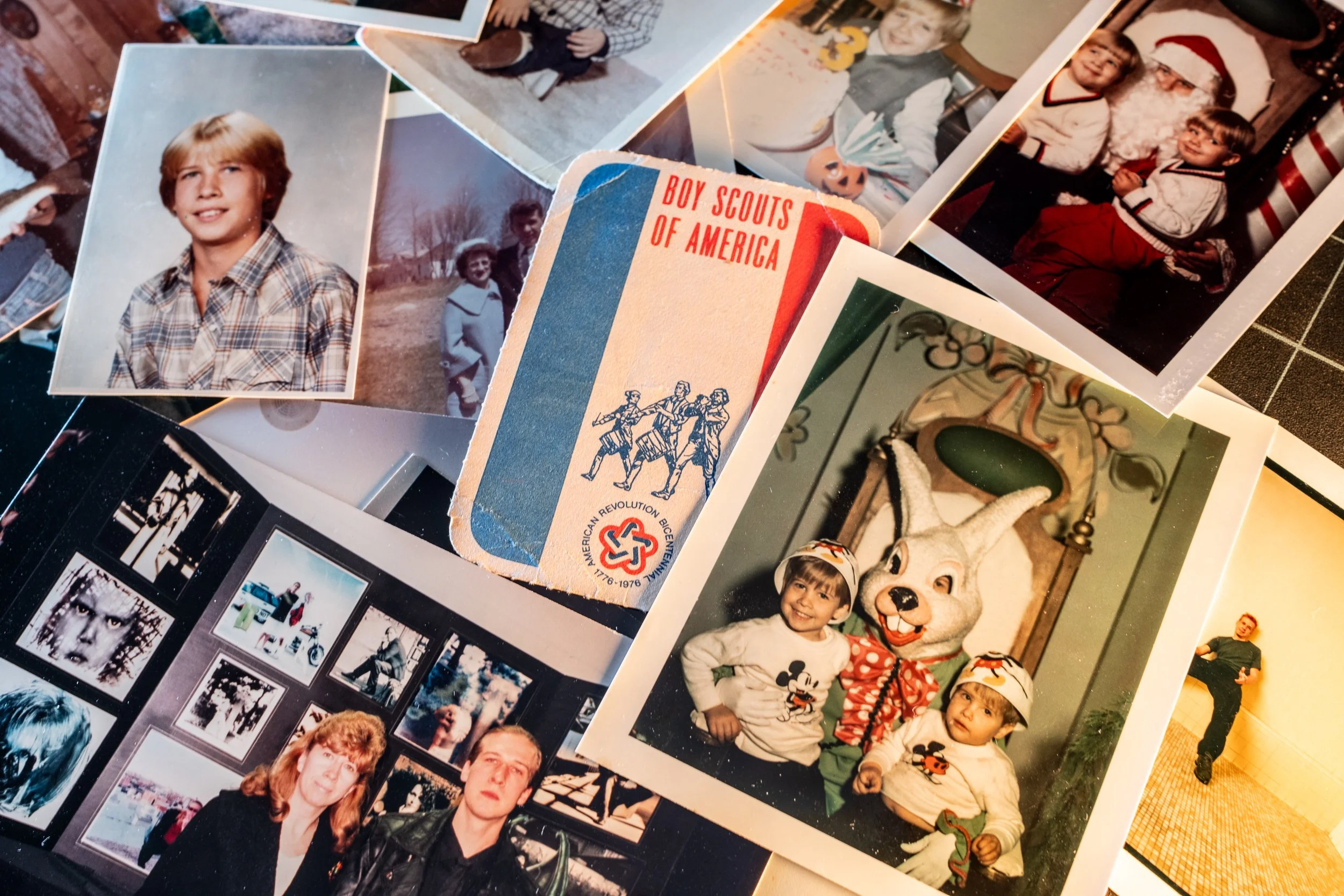 Collection of vintage photographs including children, Santa Claus, and boy scouts of America.