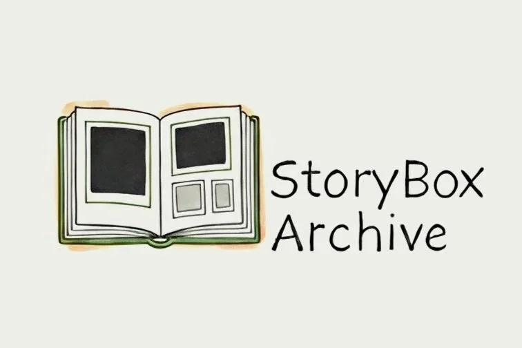 Illustration of an open book with black and gray placeholder images on the pages, next to the text 'StoryBox Archive' on a light background.