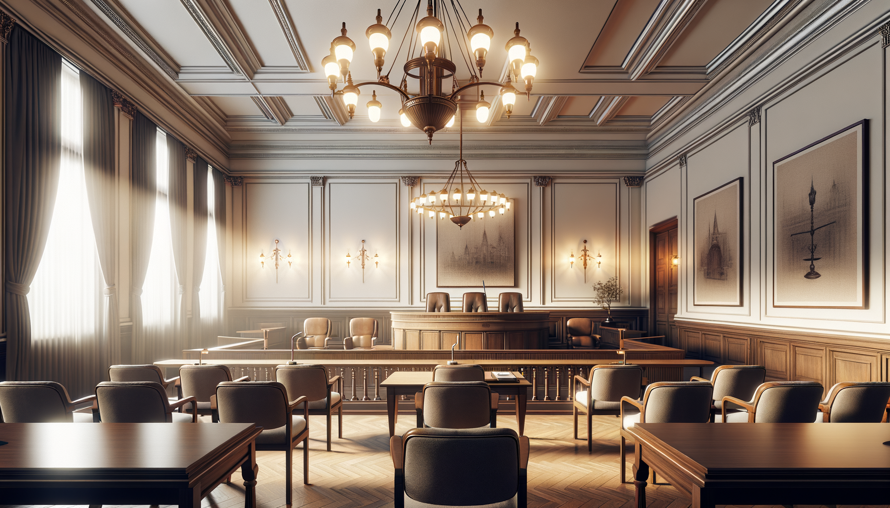 A formal courtroom with wooden paneling, large windows with curtains, and ornate chandeliers and wall sconces lighting the room. There are chairs arranged facing a judge's bench at the front.