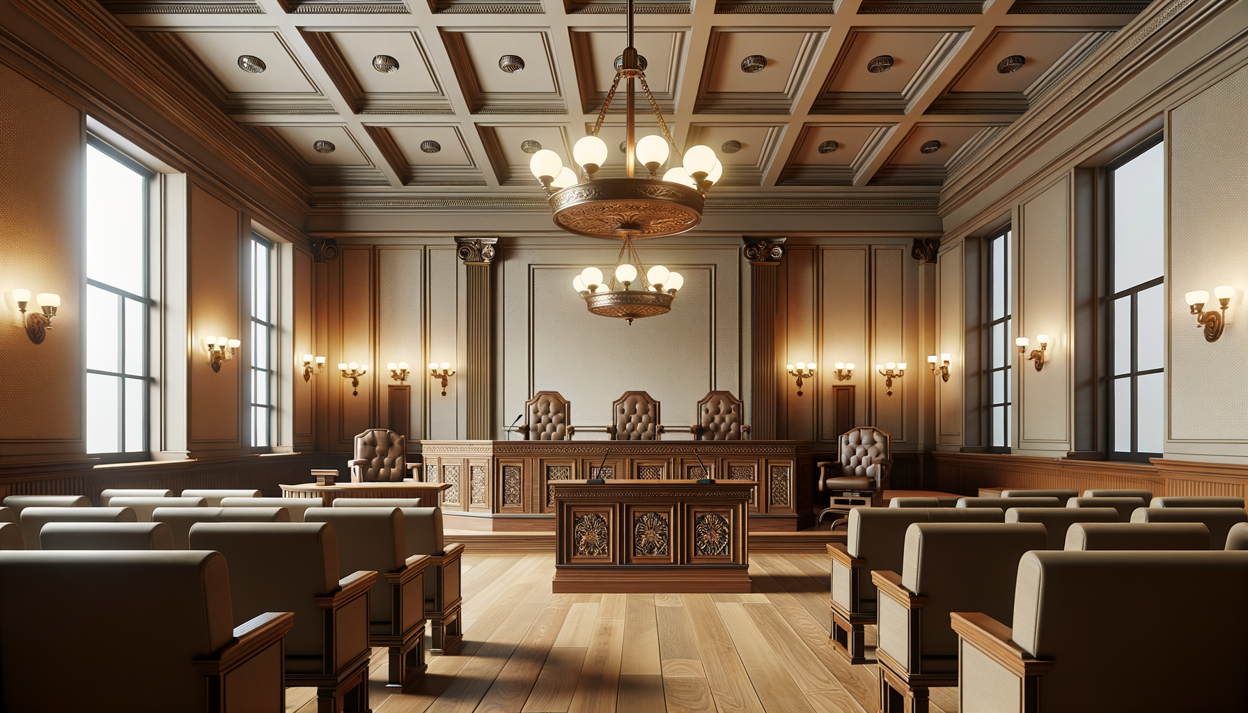 An empty courtroom with a judge's bench, three comfortable chairs behind it, and rows of seats for the audience. The room features large windows, ornate light fixtures, wood paneling, and a high ceiling.