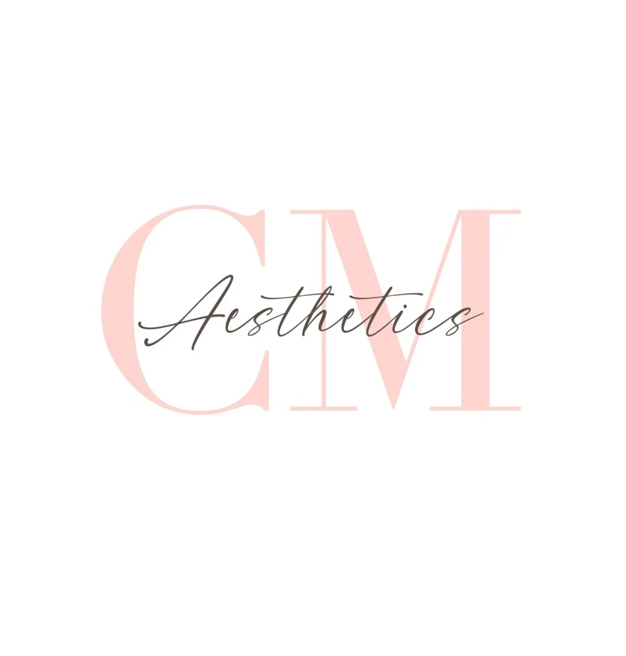 Graphic design with the words "Cosmetic Aesthetics" in elegant script, overlaying a large, muted "C M" in pale pink on a white background.