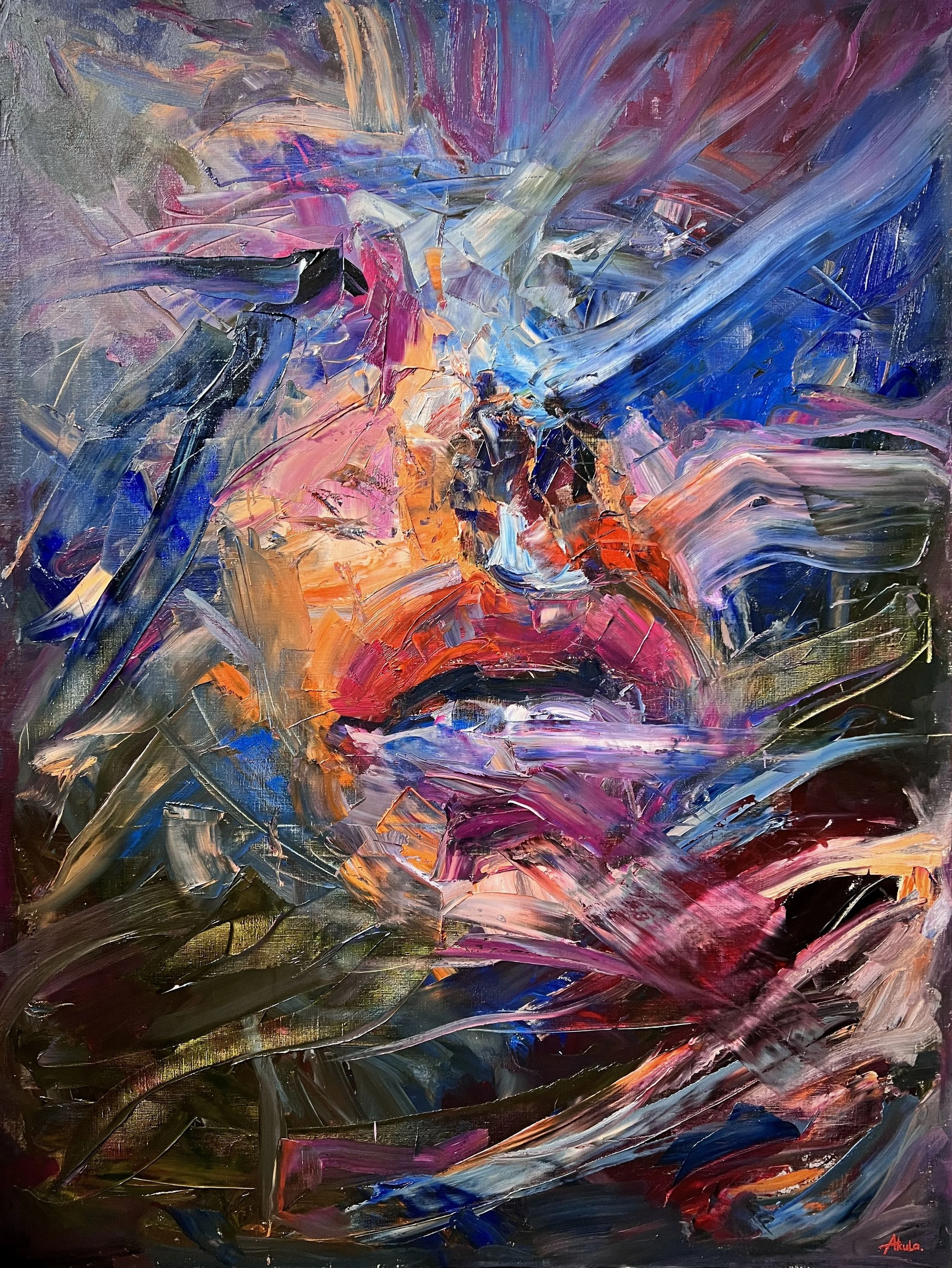 Vibrant abstract oil painting with thick, expressive palette-knife strokes in blue, purple, pink, orange, black, and gray.