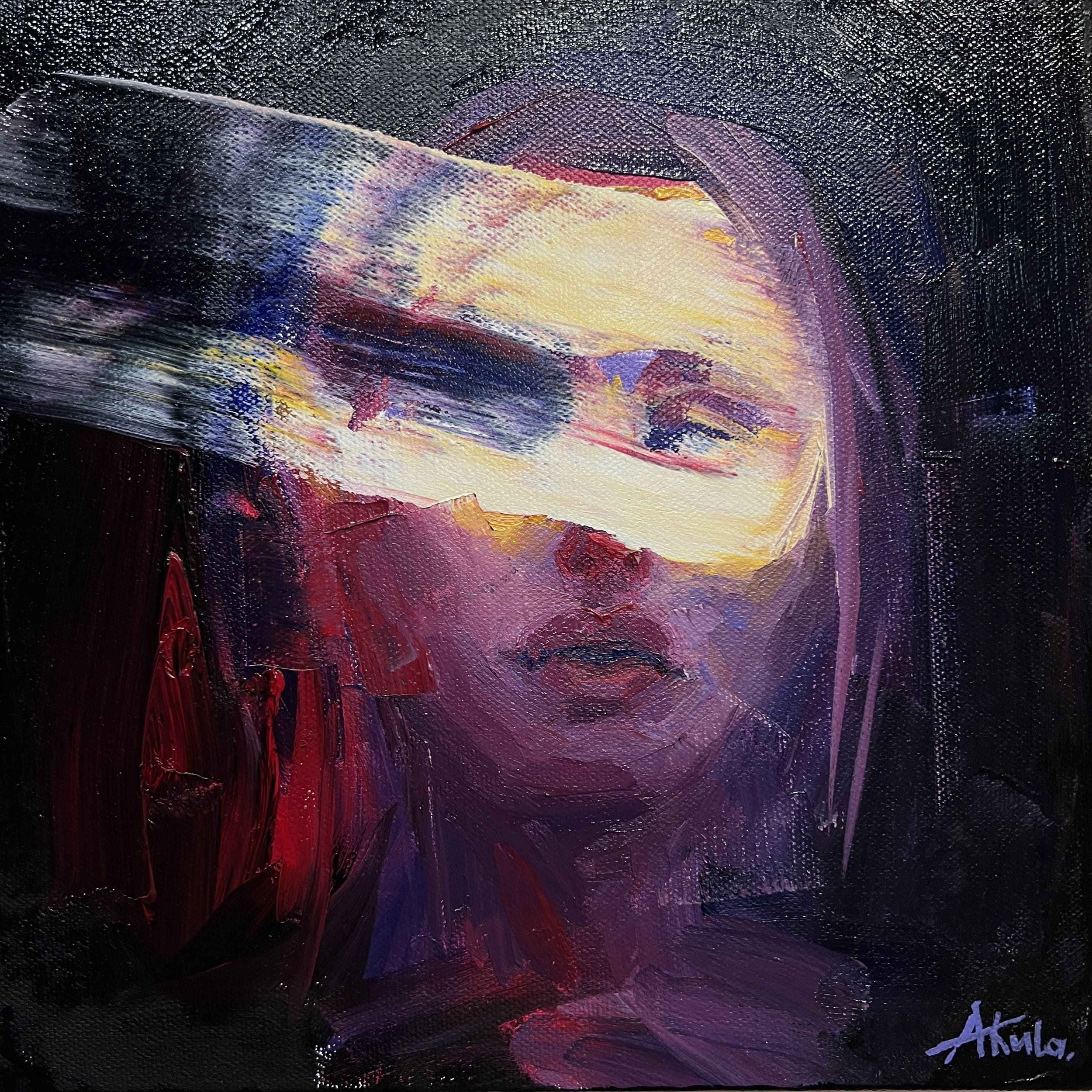 Flaming (2024), original oil painting by Los Angeles contemporary artist Taia Akulova, depicting a woman's face through expressive black, purple, red, and golden brushstrokes.