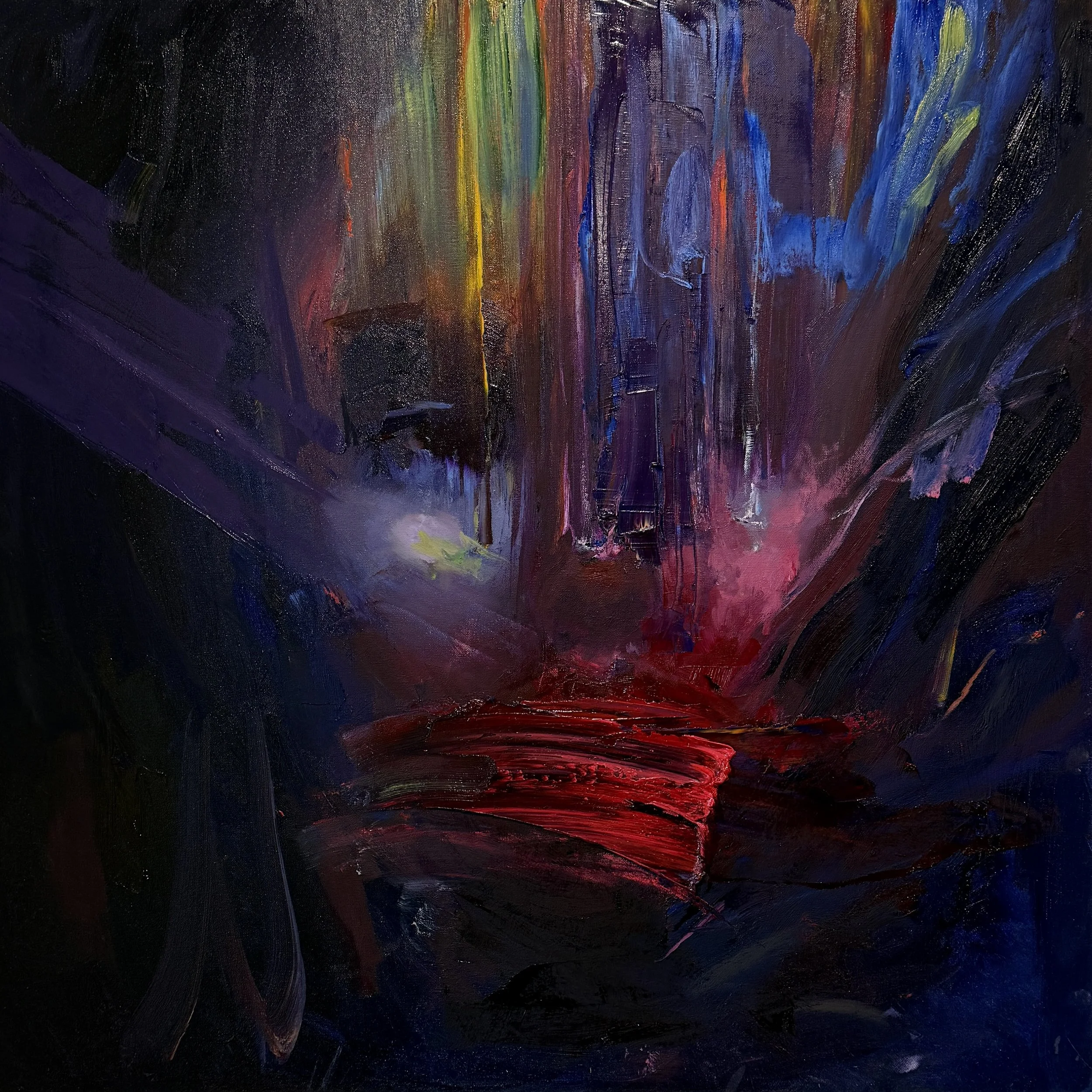Abstract expressionist painting with vivid vertical strokes in purple, blue, green, red, and yellow against a dark background.
