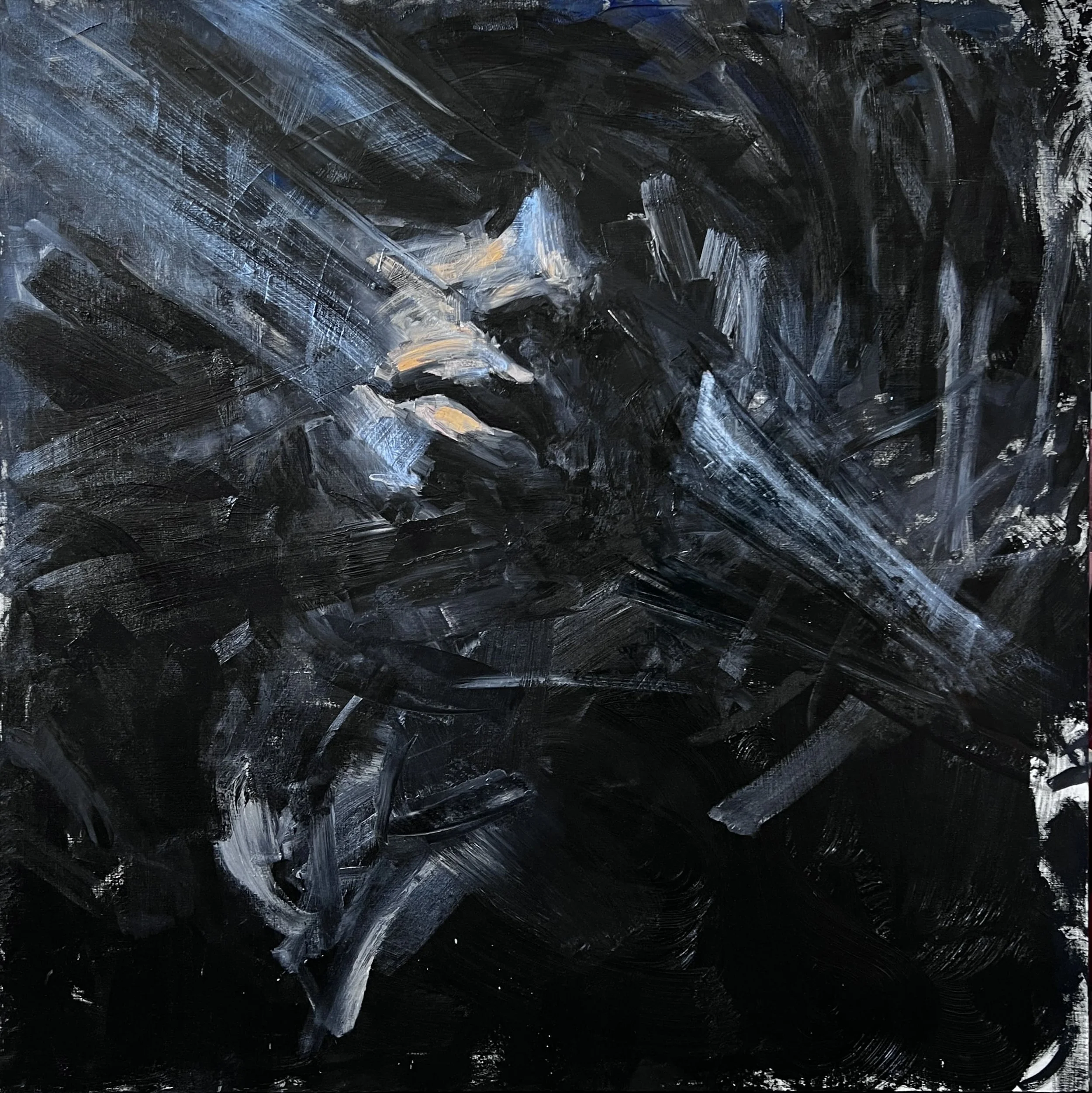 Abstract black and gray textured painting with expressive brushstrokes and subtle gold accents