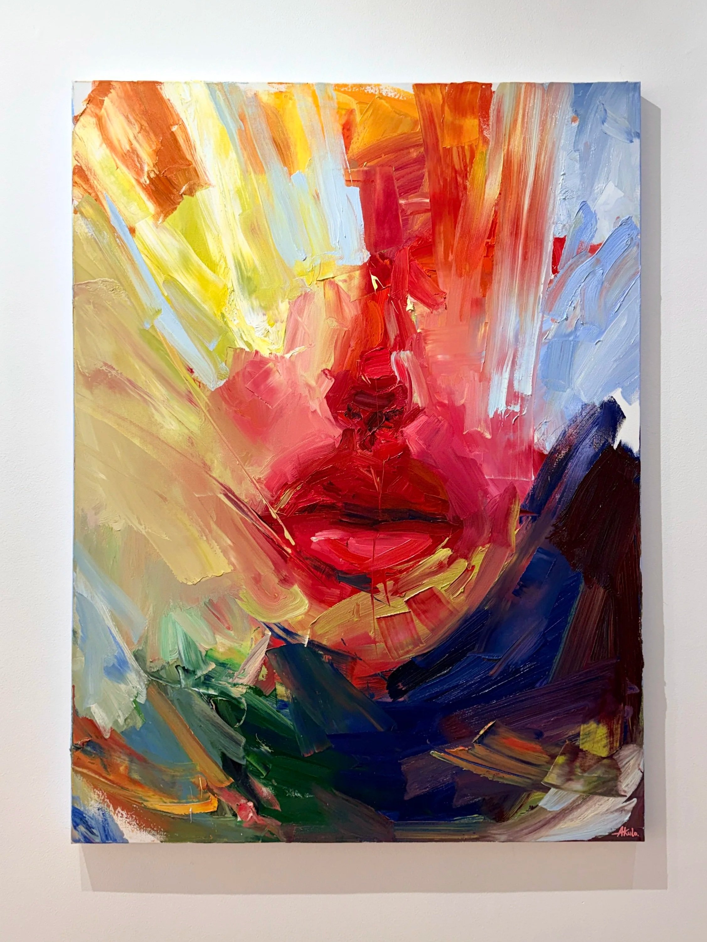 Talk To Me, an original contemporary oil painting by Los Angeles artist Taia Akulova, featuring an expressive abstract portrait with bold red, pink, orange, blue, and yellow brushstrokes.
