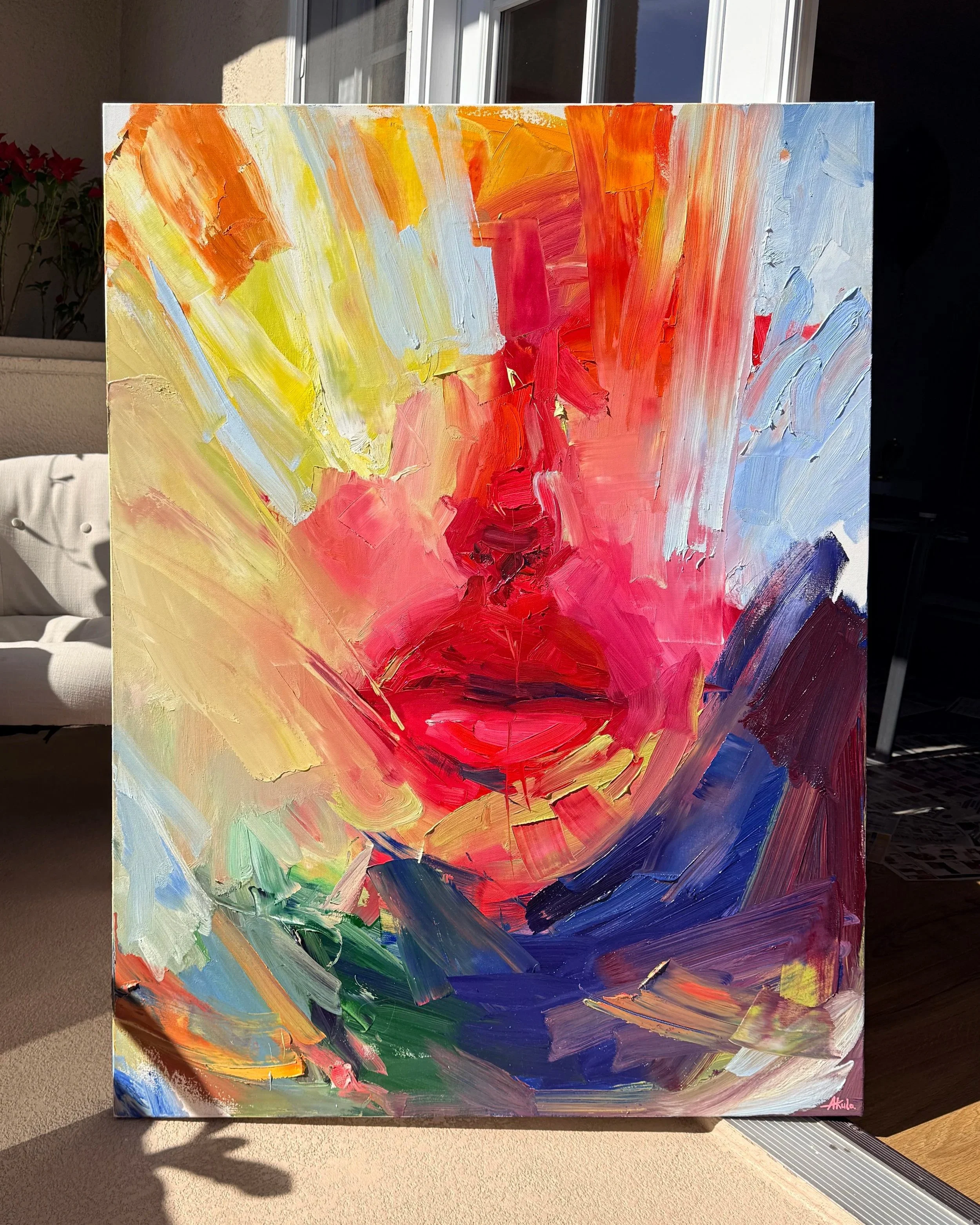 Talk To Me, an original contemporary oil painting by Los Angeles artist Taia Akulova, featuring an expressive abstract portrait with bold red, pink, orange, blue, and yellow brushstrokes.