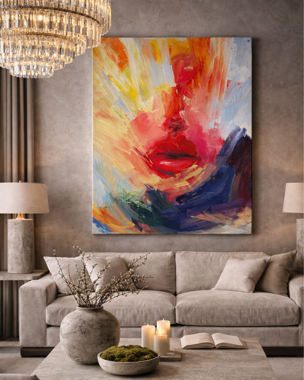 Interior visualization featuring an original expressive oil painting by Los Angeles-based contemporary artist Taia Akulova, displayed in a modern luxury residential setting.