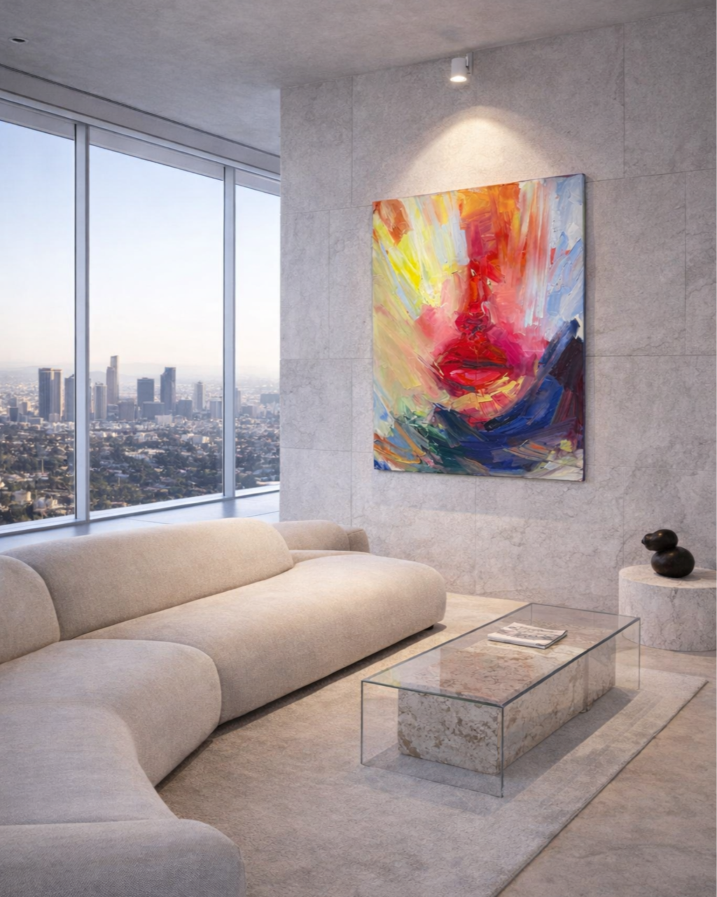 Interior visualization featuring an original expressive oil painting by Los Angeles-based contemporary artist Taia Akulova, displayed in a modern luxury residential setting.