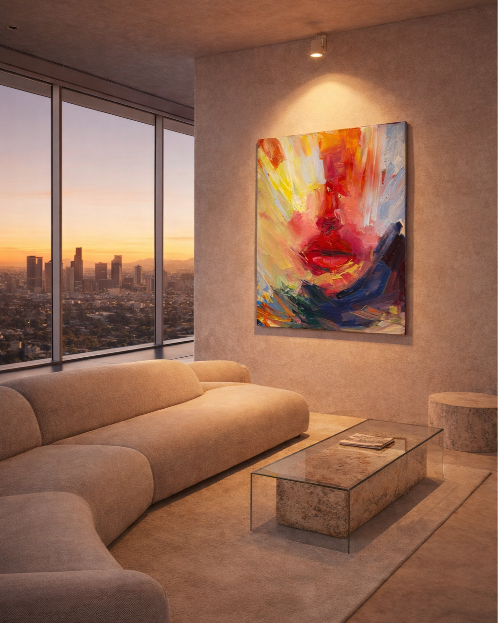 Interior visualization featuring an original expressive oil painting by Los Angeles-based contemporary artist Taia Akulova, displayed in a modern luxury residential setting.
