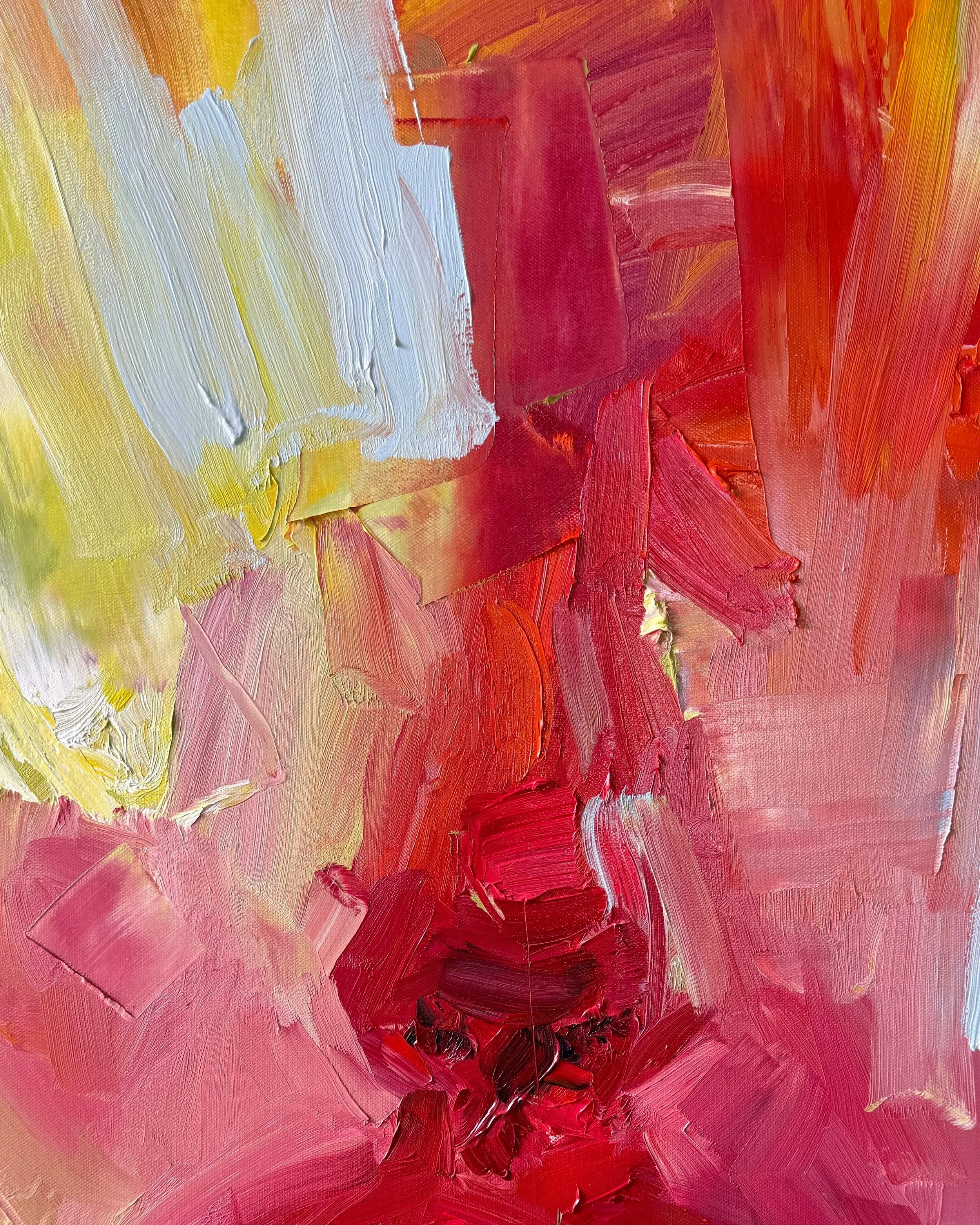 Close-up abstract painting with thick, textured brushstrokes in red, pink, orange, yellow, white, and burgundy.