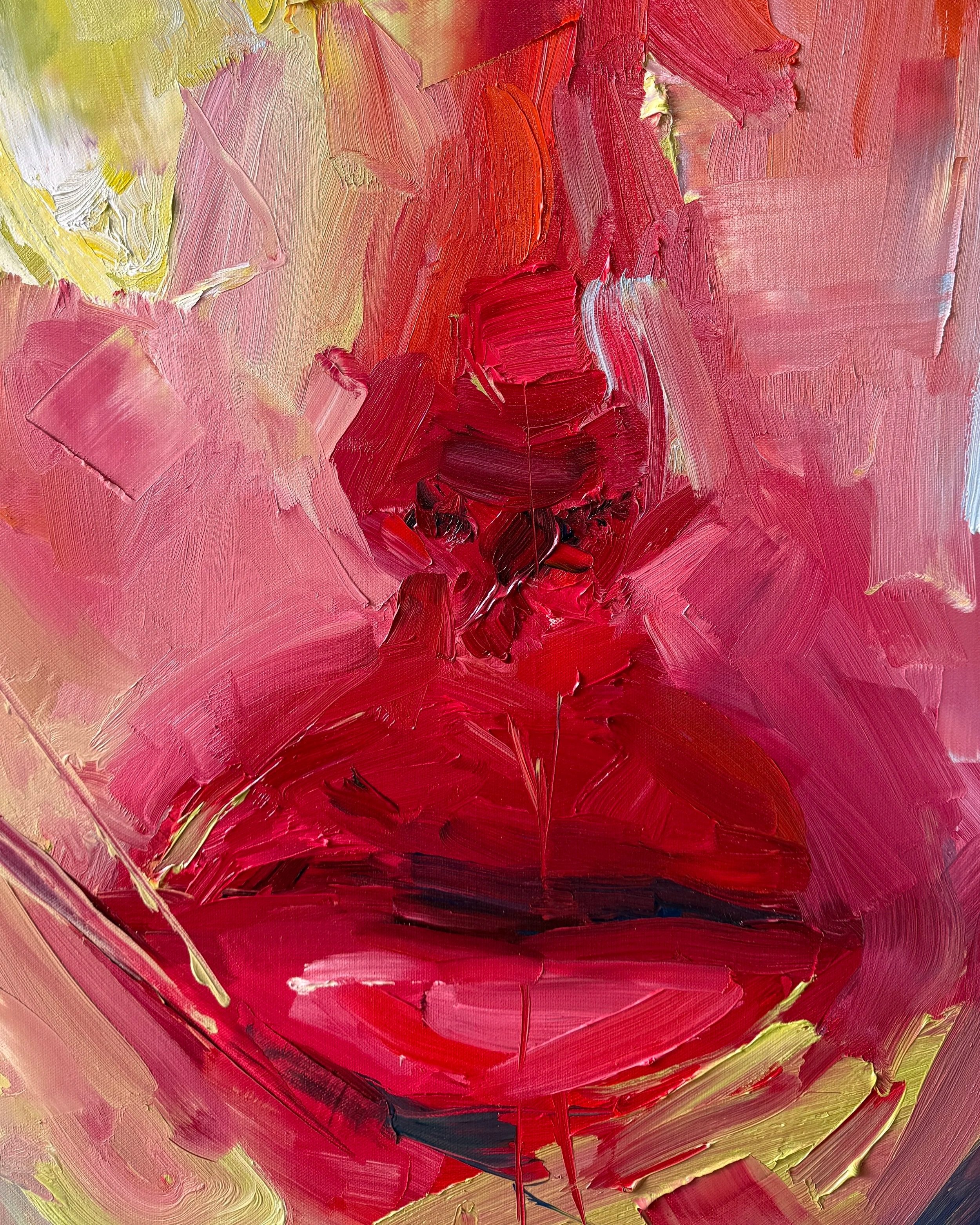 Abstract oil painting with thick textured brushstrokes in red, pink, burgundy, orange, yellow, and green.