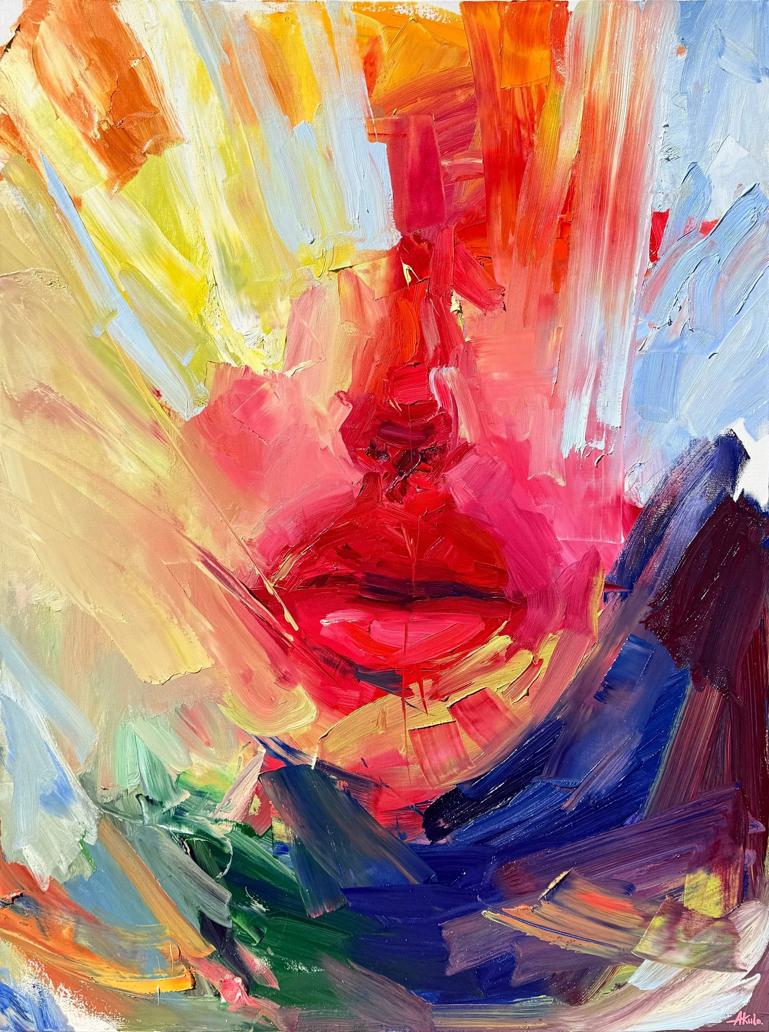 Talk To Me, an original contemporary oil painting by Los Angeles artist Taia Akulova, featuring an expressive abstract portrait with bold red, pink, orange, blue, and yellow brushstrokes.