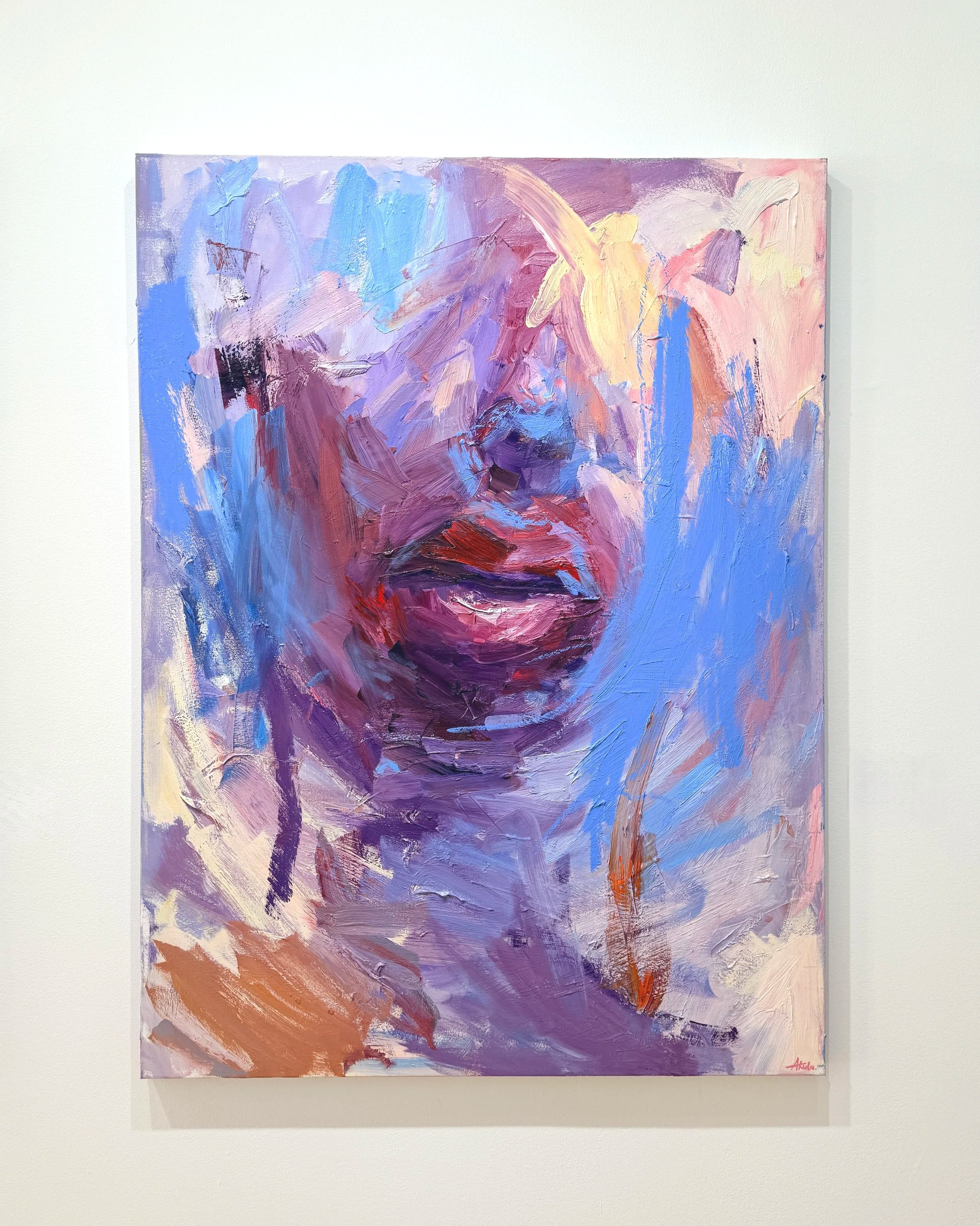 Abstract impasto painting with layered lavender, purple, blue, pink, cream, and orange brushstrokes. Contemporary artist Taia Akulova