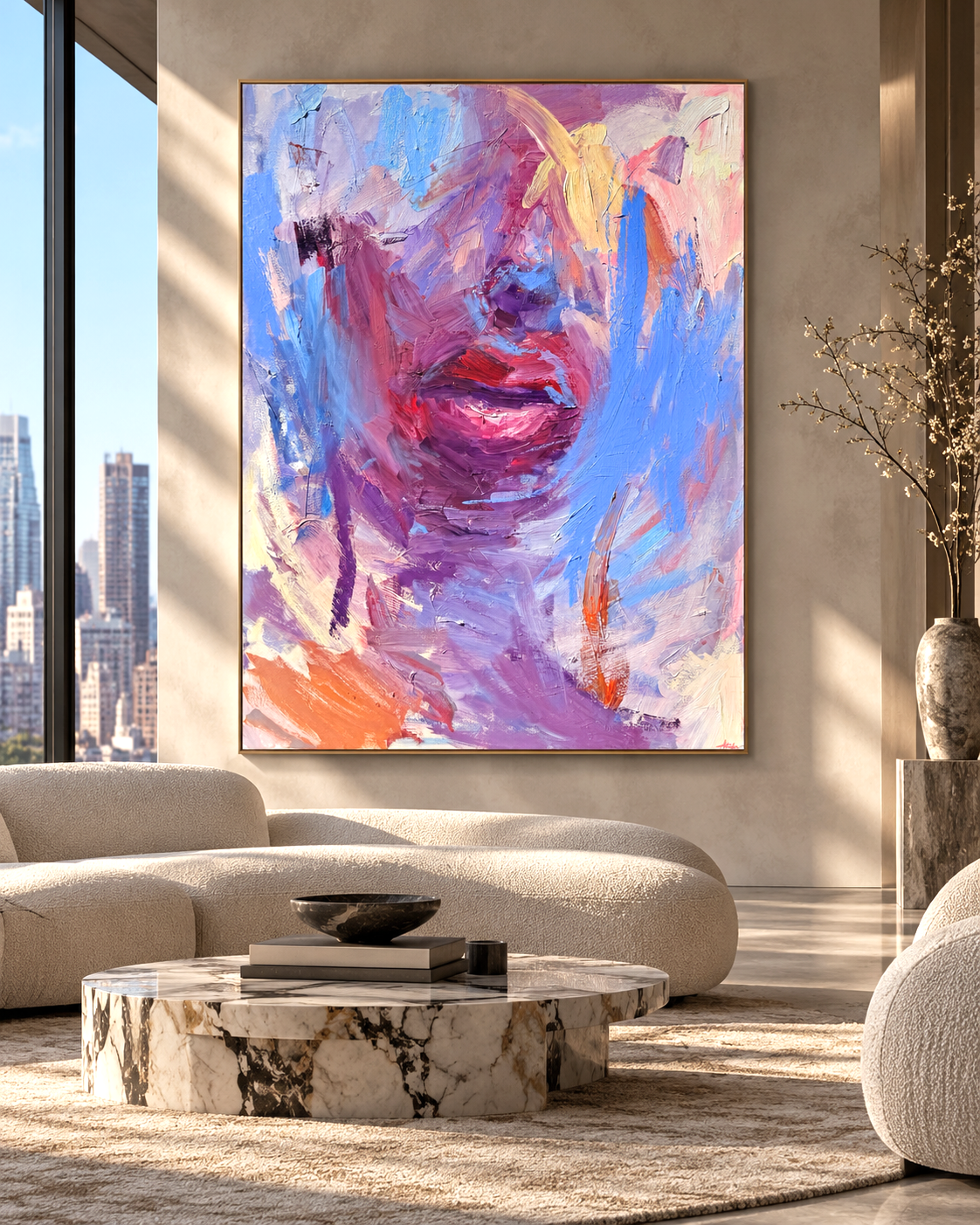 Interior visualization featuring an original expressive oil painting by Los Angeles-based contemporary artist Taia Akulova, displayed in a modern luxury residential setting.