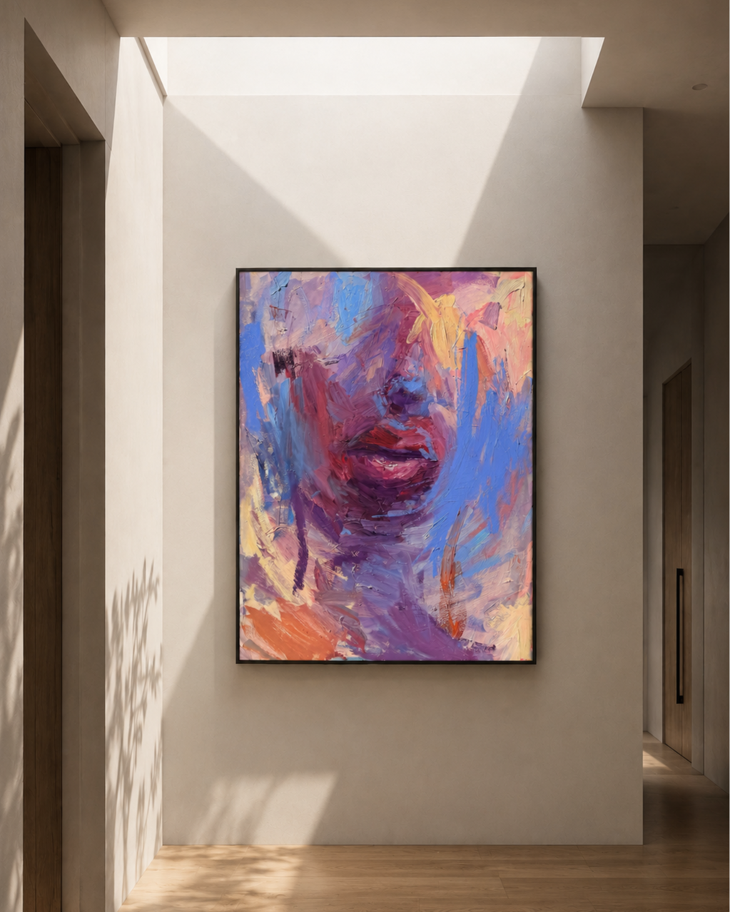 Colorful abstract portrait painting displayed on a modern interior wall beneath a skylight