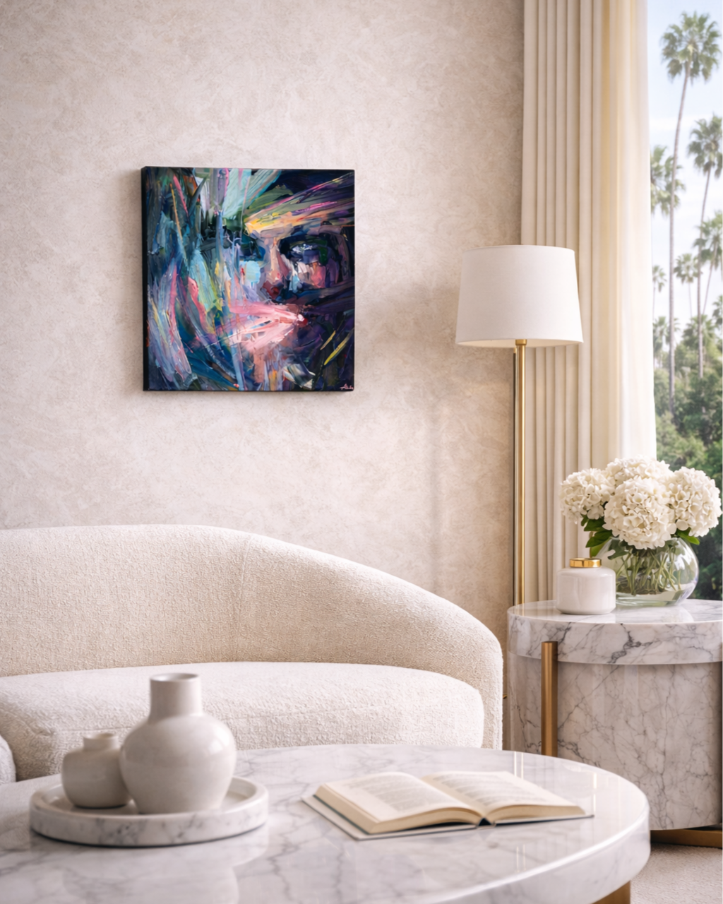 Interior visualization featuring an original oil painting by contemporary artist Taia Akulova in a luxurious modern living room with a curved white sofa and marble coffee table.