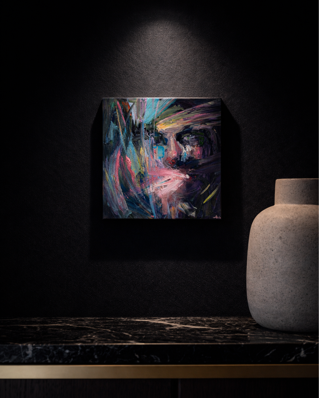 Interior visualization of an expressive portrait painting by Los Angeles-based artist Taia Akulova, displayed against a dark wall beside a sculptural ceramic vase.