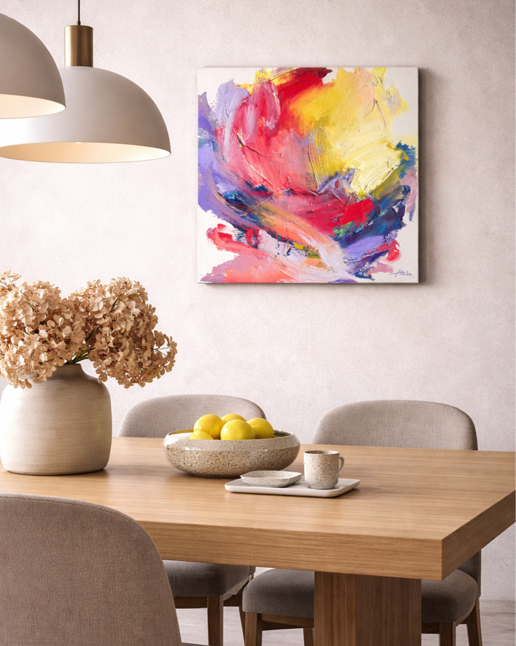 Interior visualization featuring an original expressive oil painting by contemporary artist Taia Akulova in a modern dining room with a wooden table, pendant lights, and sculptural decor.