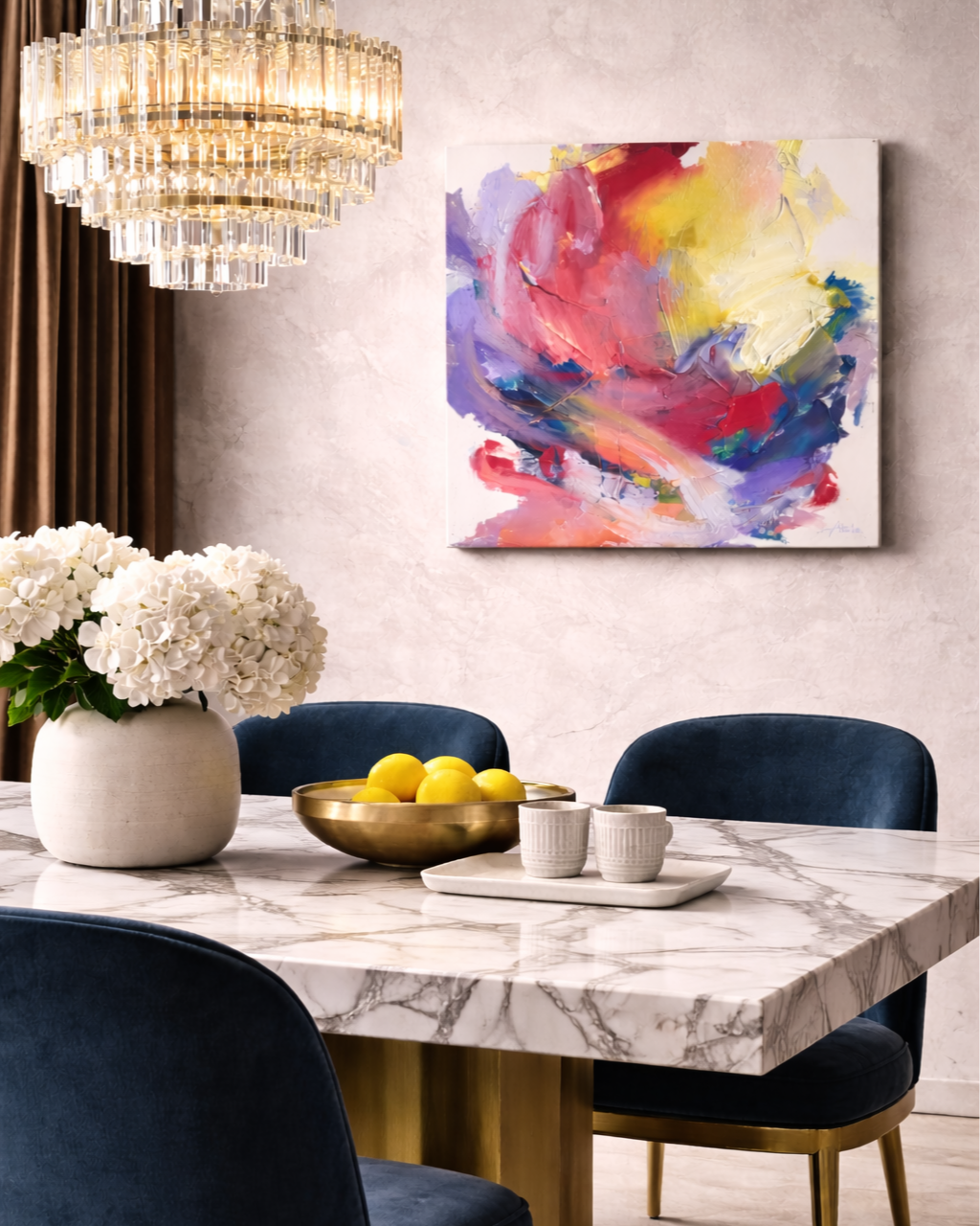 Interior visualization featuring an original oil painting by Los Angeles-based artist Taia Akulova in an elegant dining room with a marble table, navy velvet chairs, and a crystal chandelier.