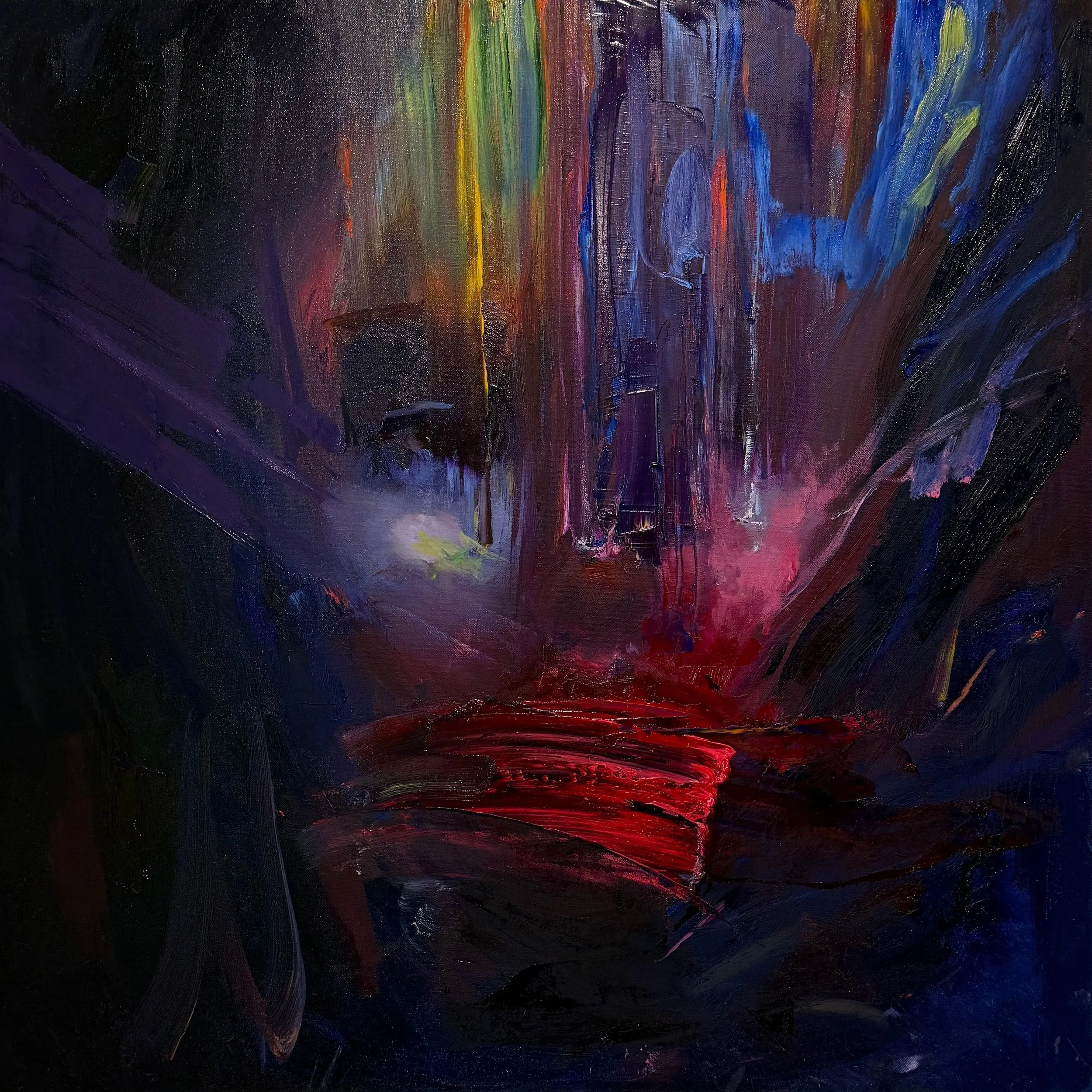 Abstract expressionist painting with vivid vertical strokes in blue, purple, green, red, and yellow against a dark background