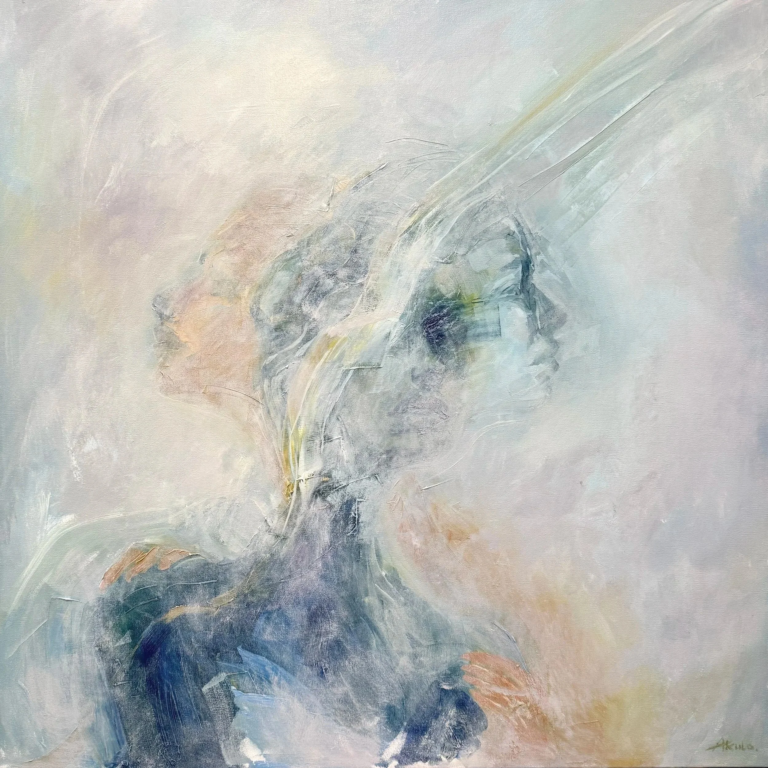Abstract pastel painting of a blue-gray horse emerging through soft white, peach, and green brushstrokes.