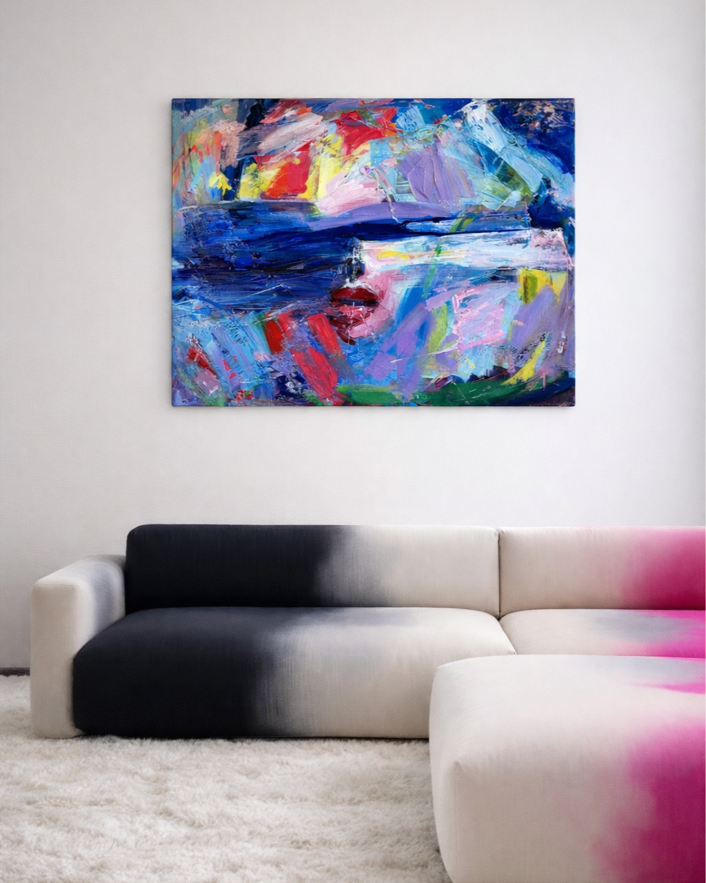 Behind Your Eyes by Taia Akulova, an original colorful abstract oil painting, digitally visualized above a modern sectional sofa in a contemporary living room.