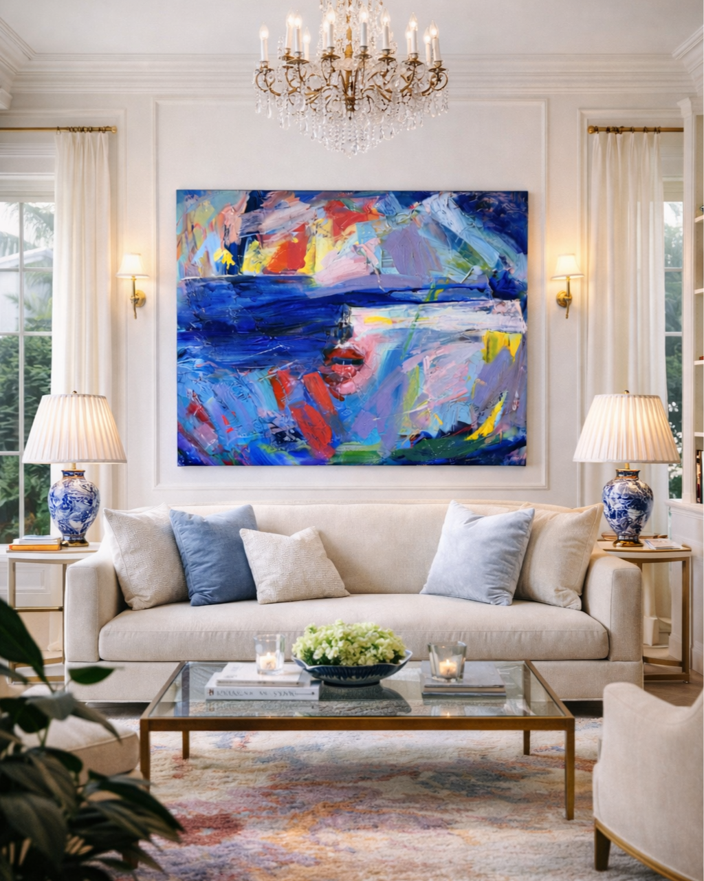 Behind Your Eyes by contemporary artist Taia Akulova, a vibrant abstract oil painting digitally presented in an elegant living room with a cream sofa and crystal chandelier.