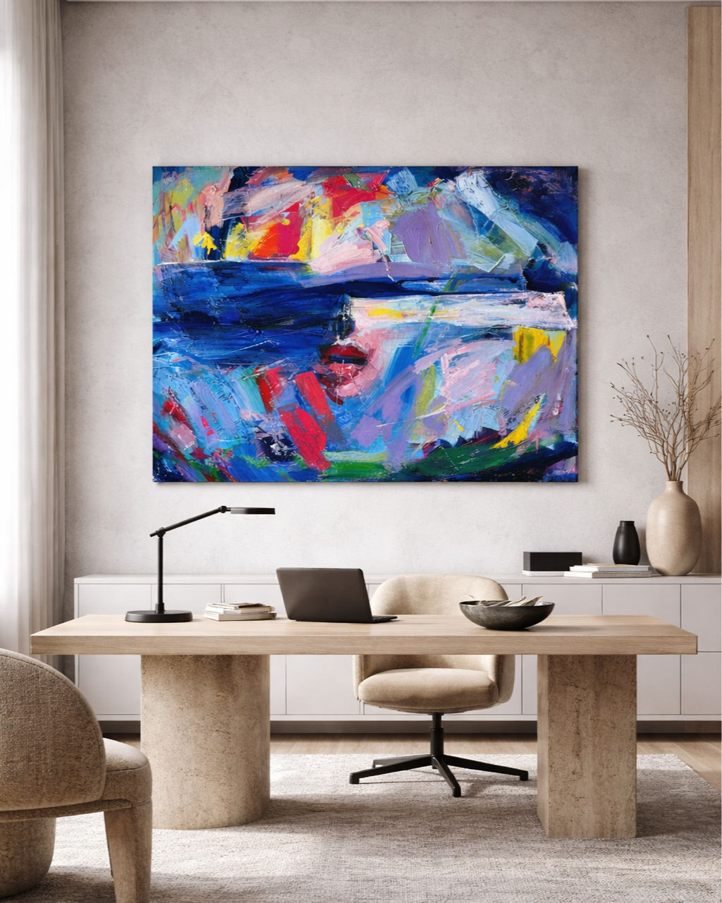 Modern home office with a colorful abstract painting, wooden desk, laptop, desk lamp, upholstered chair, and decorative vase