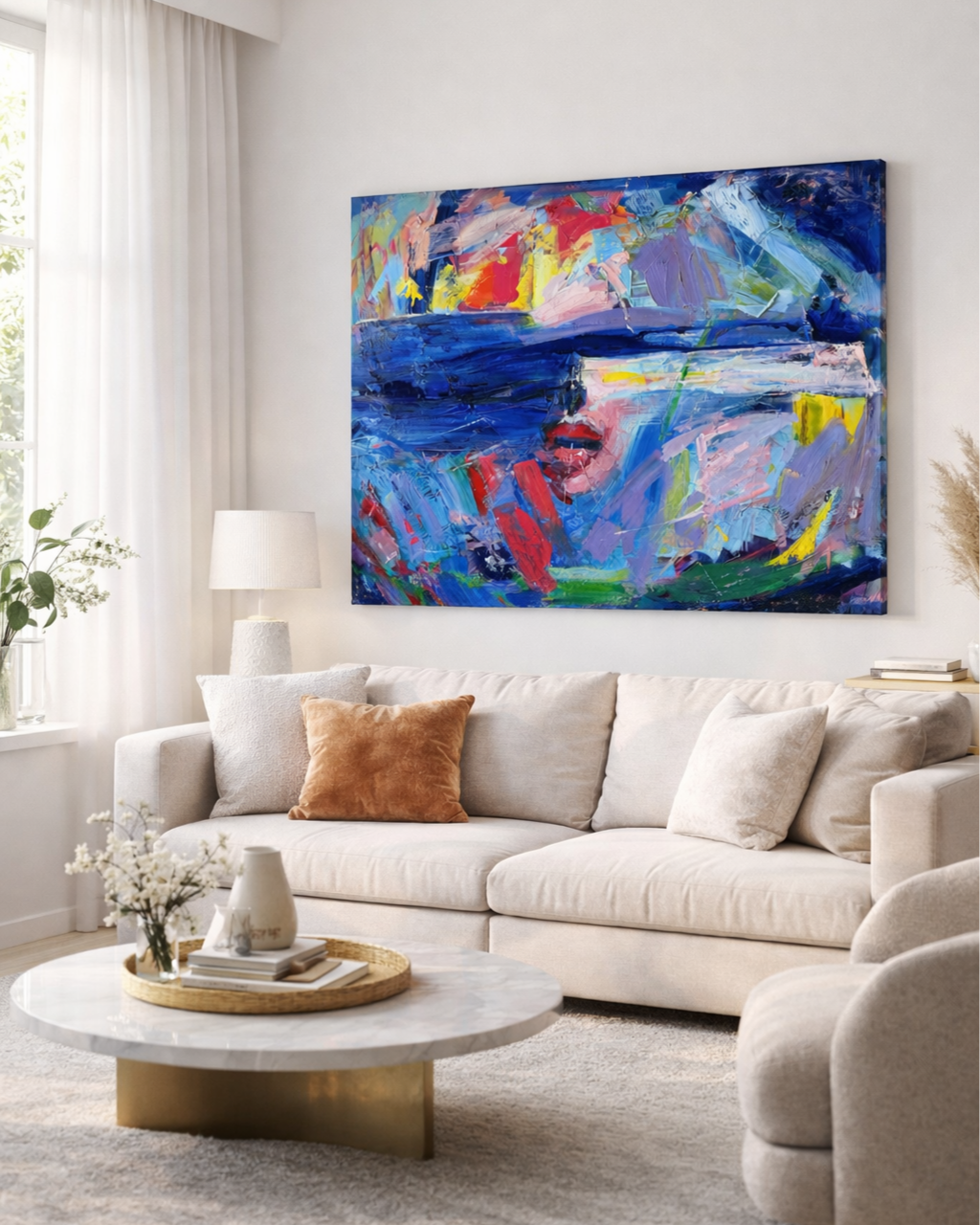 Bright modern living room with a colorful abstract painting above a cream sectional sofa, round marble coffee table, floor lamp, plants, and sheer curtains.