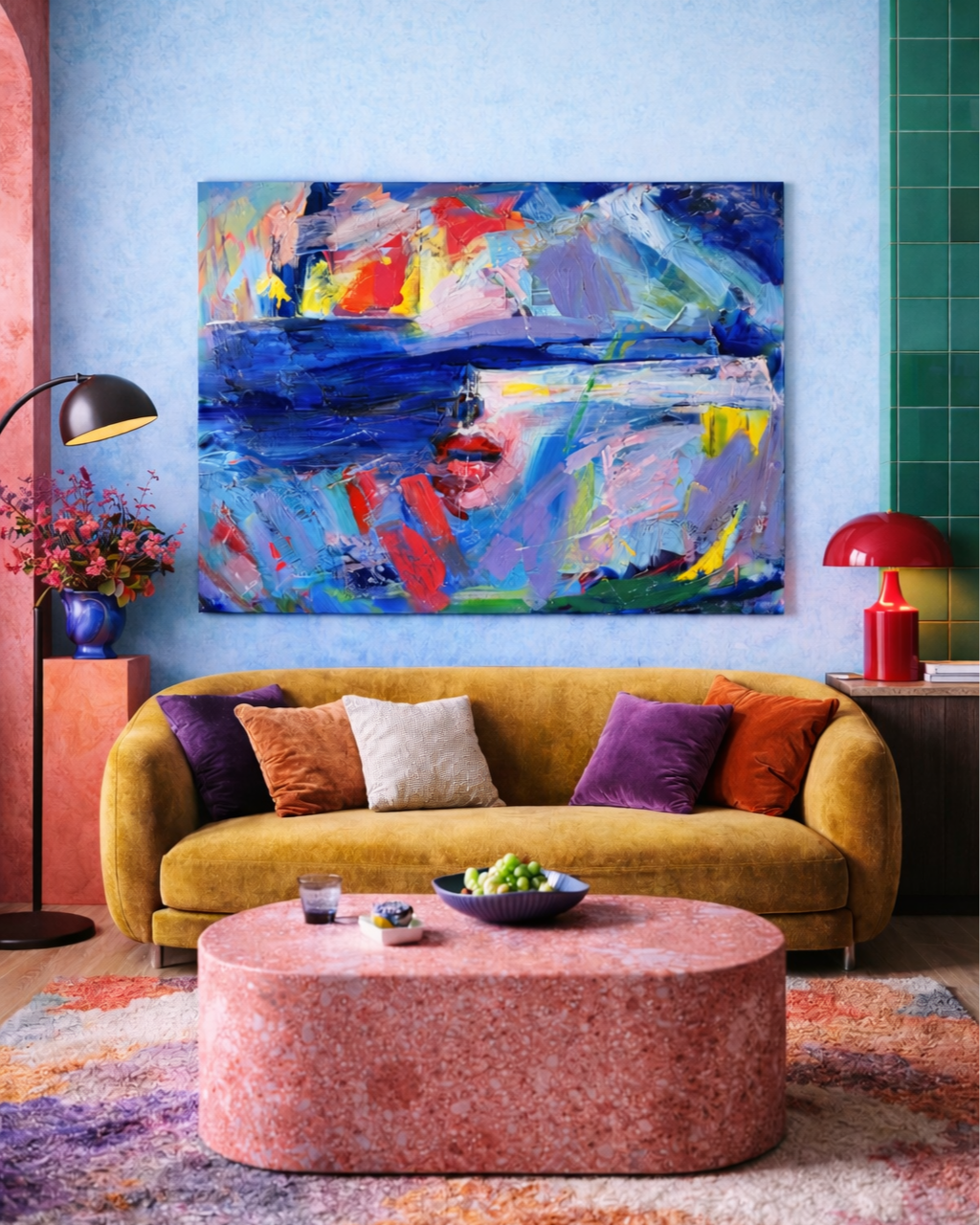 Colorful living room with abstract painting, mustard sofa, pink coffee table, lamps, and multicolored rug