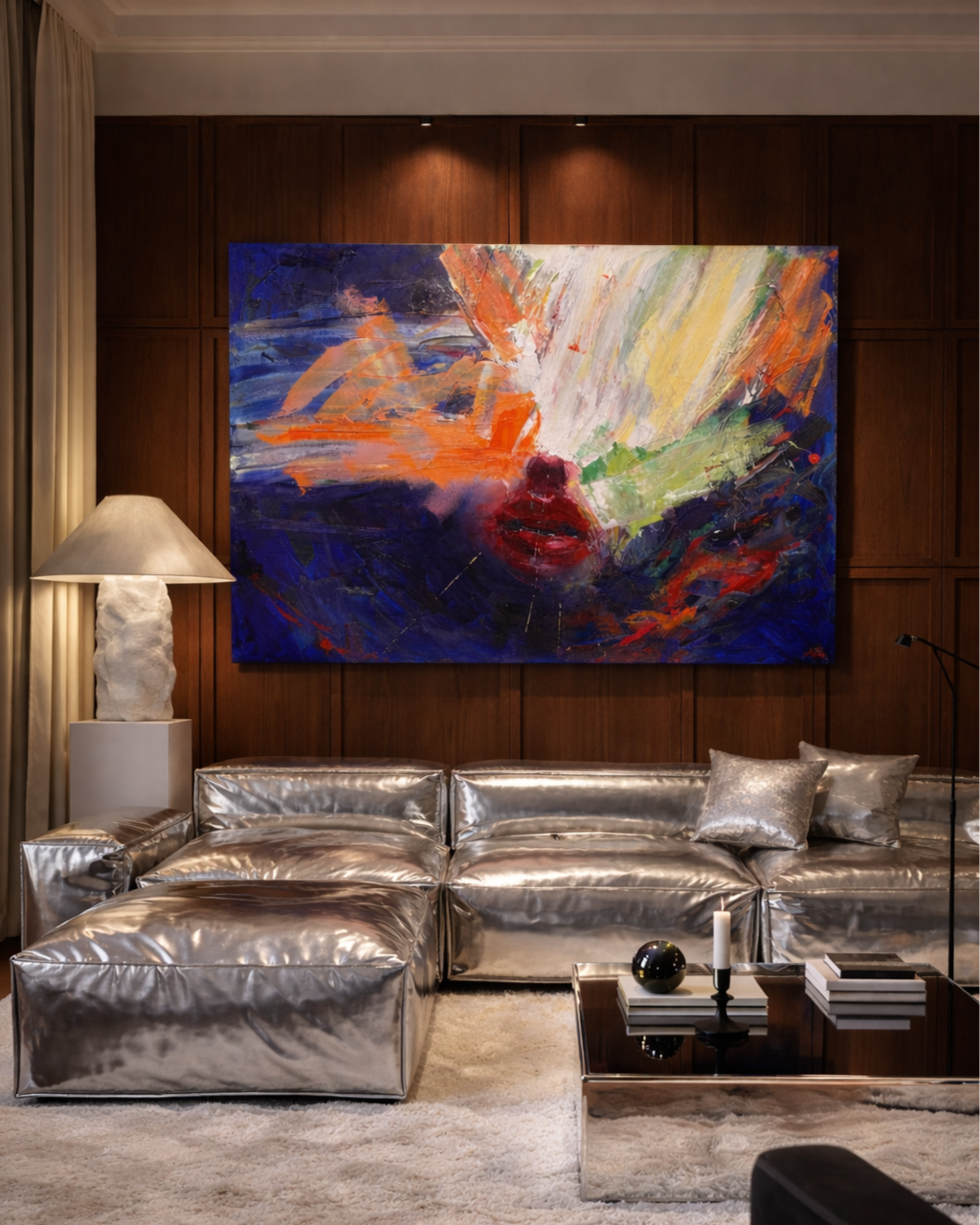 Electric Feeling by contemporary artist Taia Akulova, an expressive abstract oil painting digitally presented in a luxury living room with a metallic silver sofa and sculptural furniture.