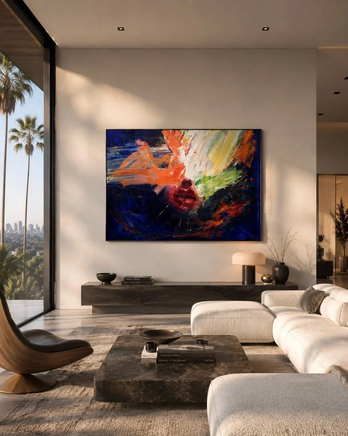 Electric Feeling by Taia Akulova, a vibrant abstract oil painting digitally visualized in a contemporary living room with a cream sectional sofa, marble coffee table, and floor-to-ceiling windows.