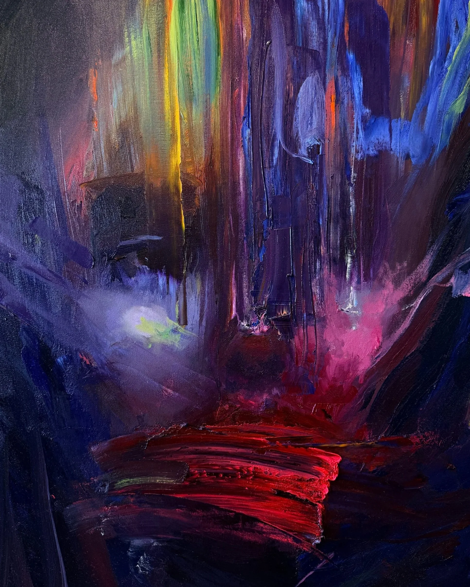Abstract expressionist painting with vivid vertical purple, blue, green, yellow, pink, and red brushstrokes.